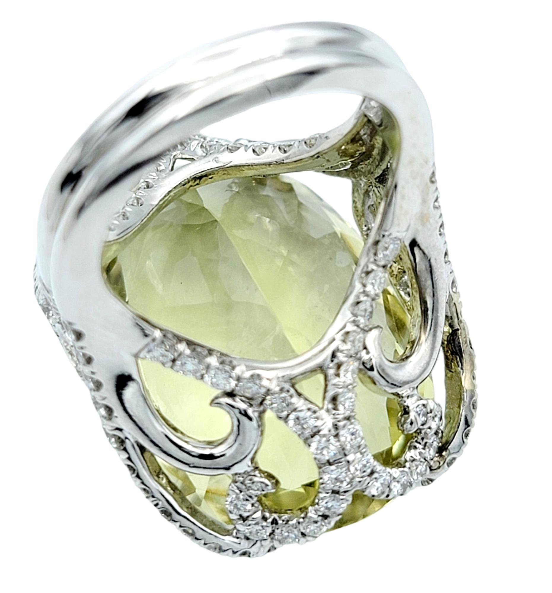 Huge 31.0 Carat Oval Cut Prasiolite Cocktail Ring with Diamond Accents 14K Gold For Sale 2