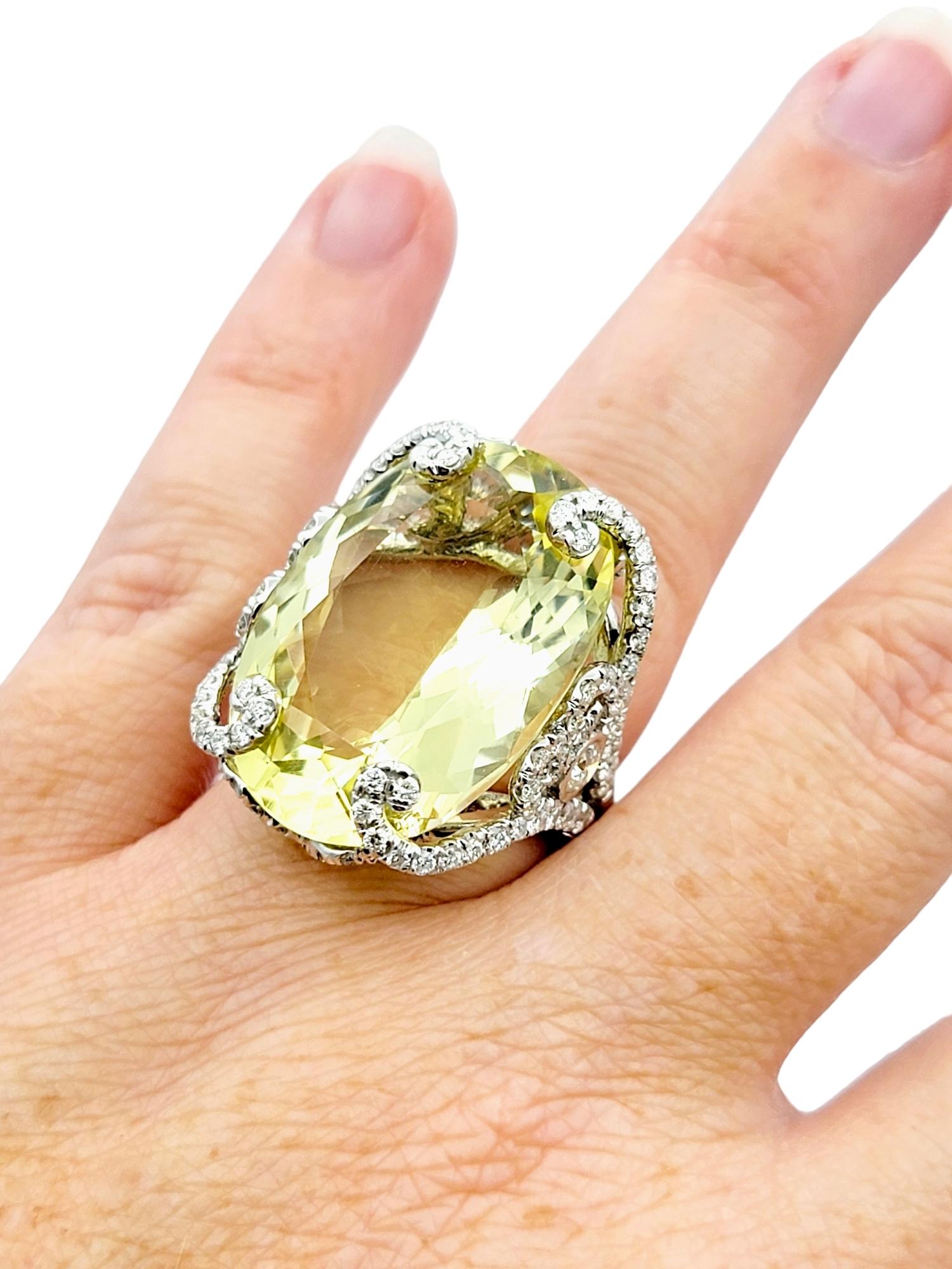 Huge 31.0 Carat Oval Cut Prasiolite Cocktail Ring with Diamond Accents 14K Gold For Sale 3