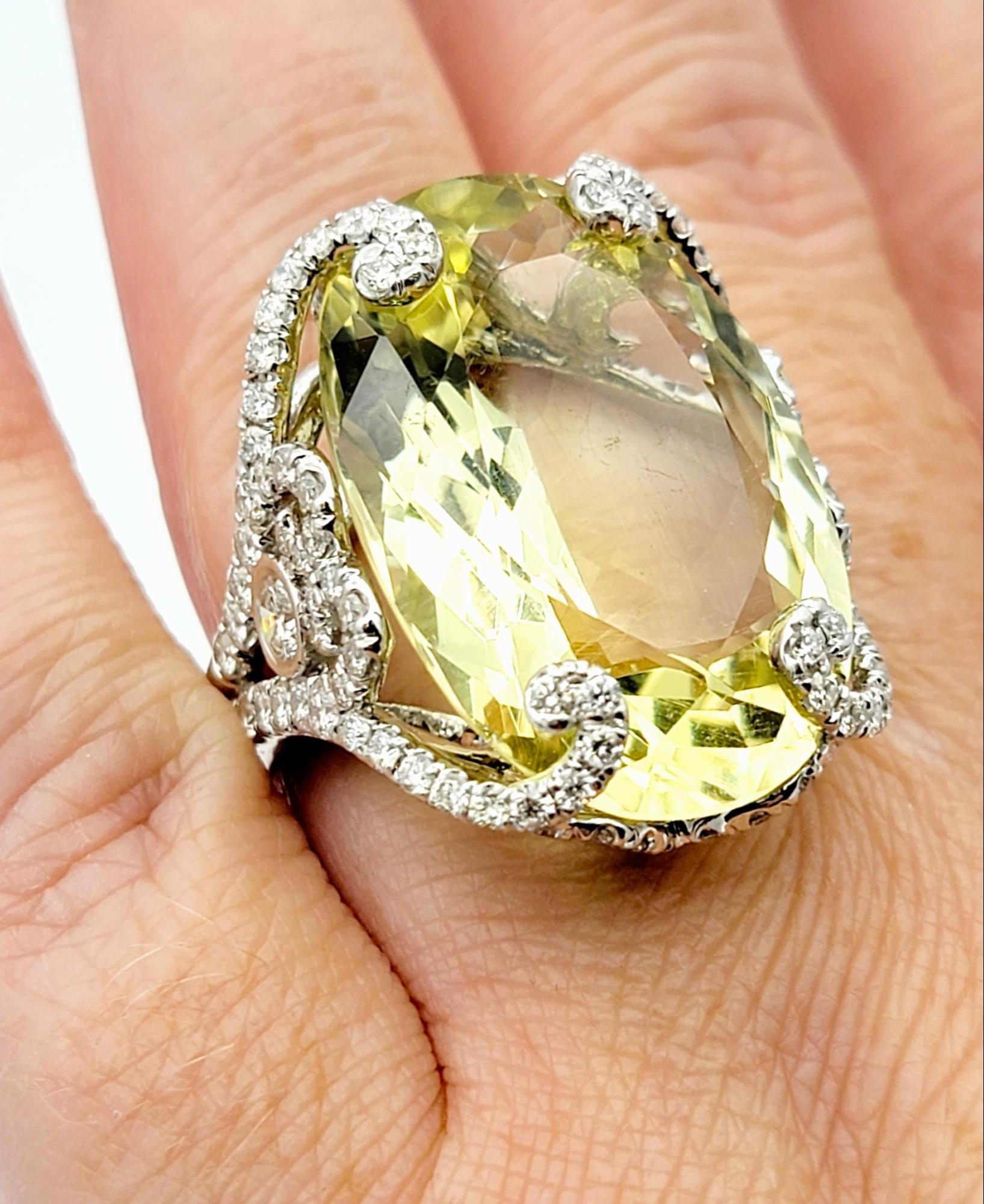Huge 31.0 Carat Oval Cut Prasiolite Cocktail Ring with Diamond Accents 14K Gold For Sale 4