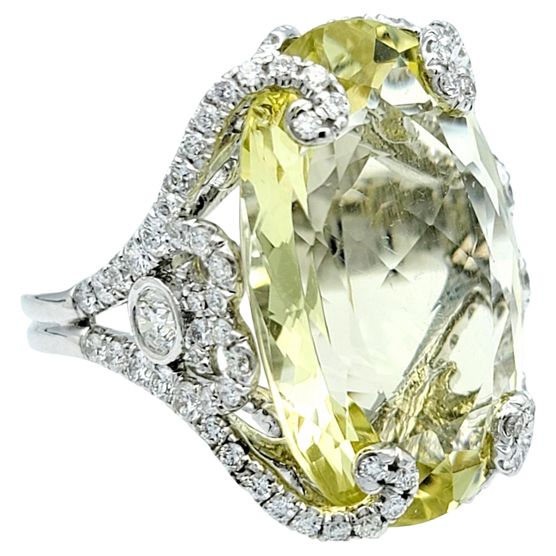 Huge 31.0 Carat Oval Cut Prasiolite Cocktail Ring with Diamond Accents 14K Gold