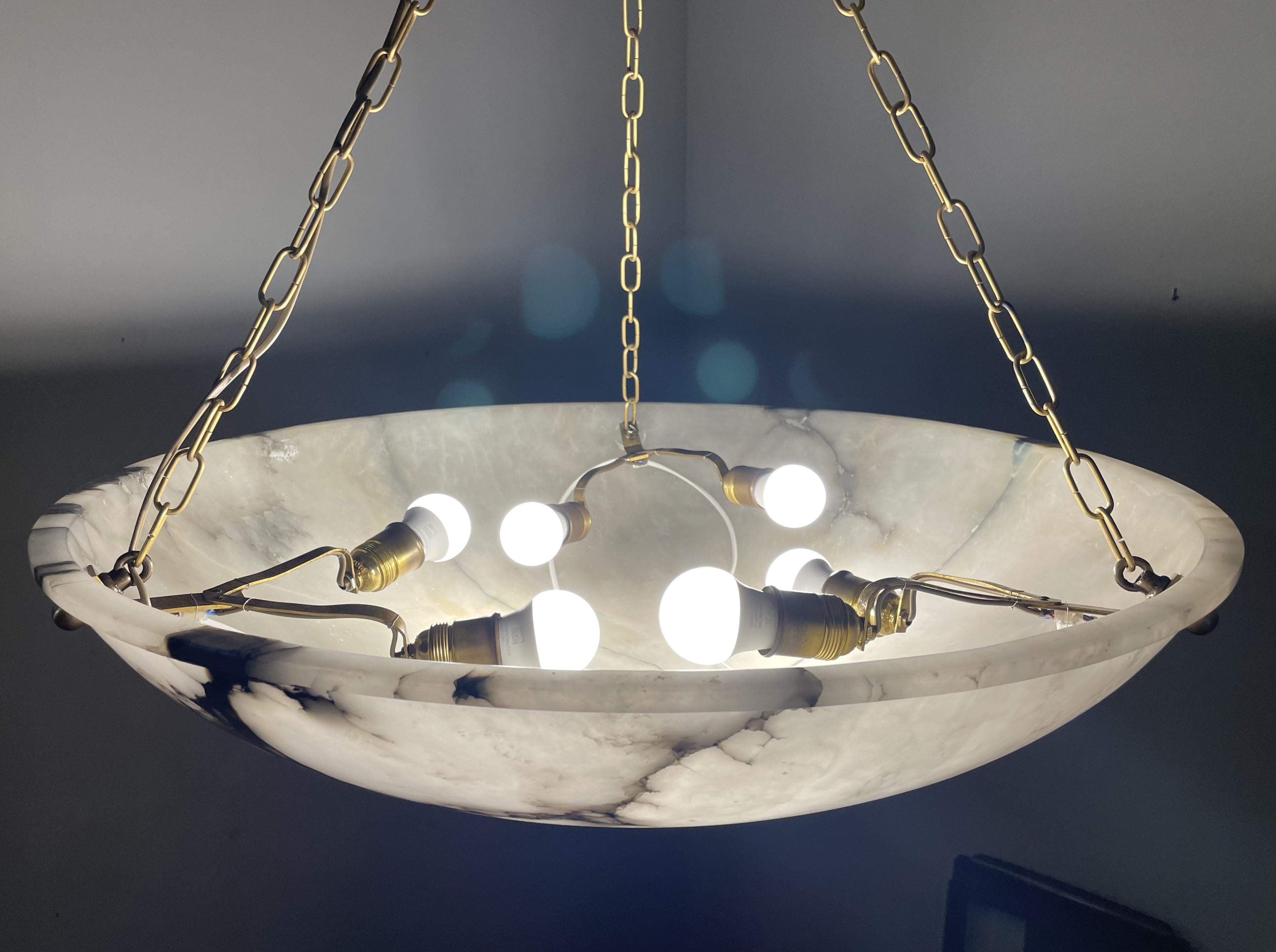 Huge 31.5Ø Timeless Art Deco Alabaster Pendant Chandelier w Brass Chain & Canopy 3