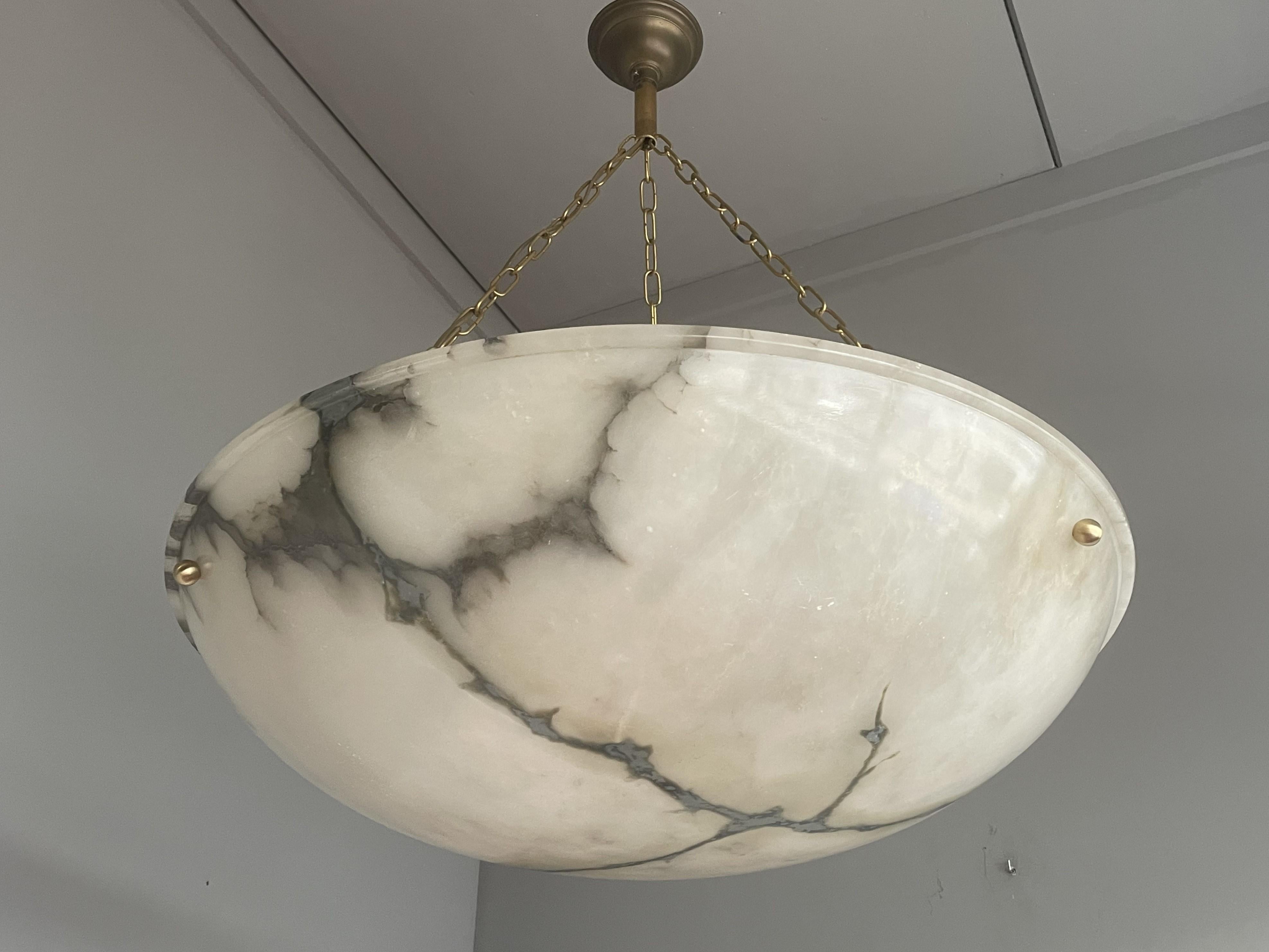 French Huge 31.5Ø Timeless Art Deco Alabaster Pendant Chandelier w Brass Chain & Canopy