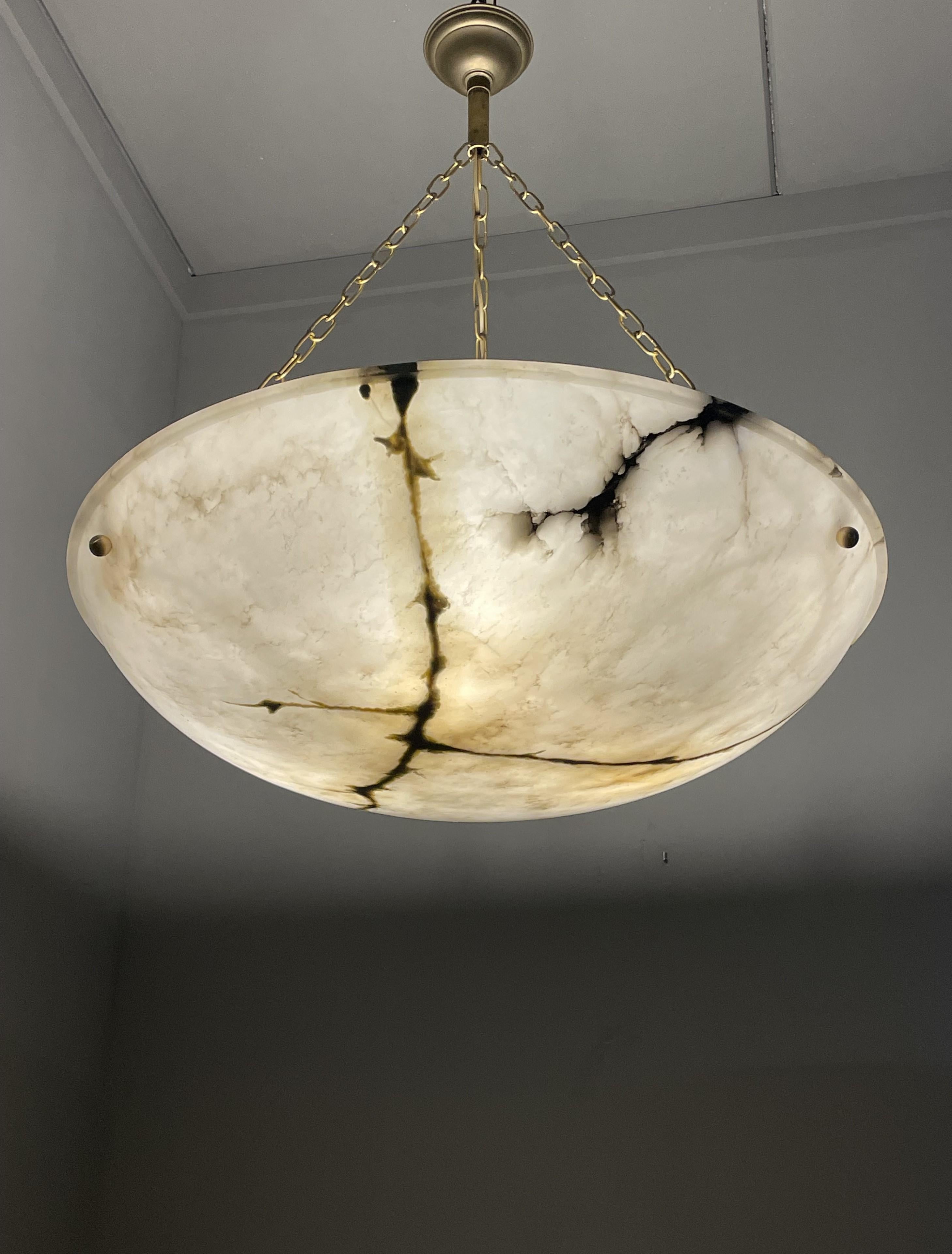 20th Century Huge 31.5Ø Timeless Art Deco Alabaster Pendant Chandelier w Brass Chain & Canopy