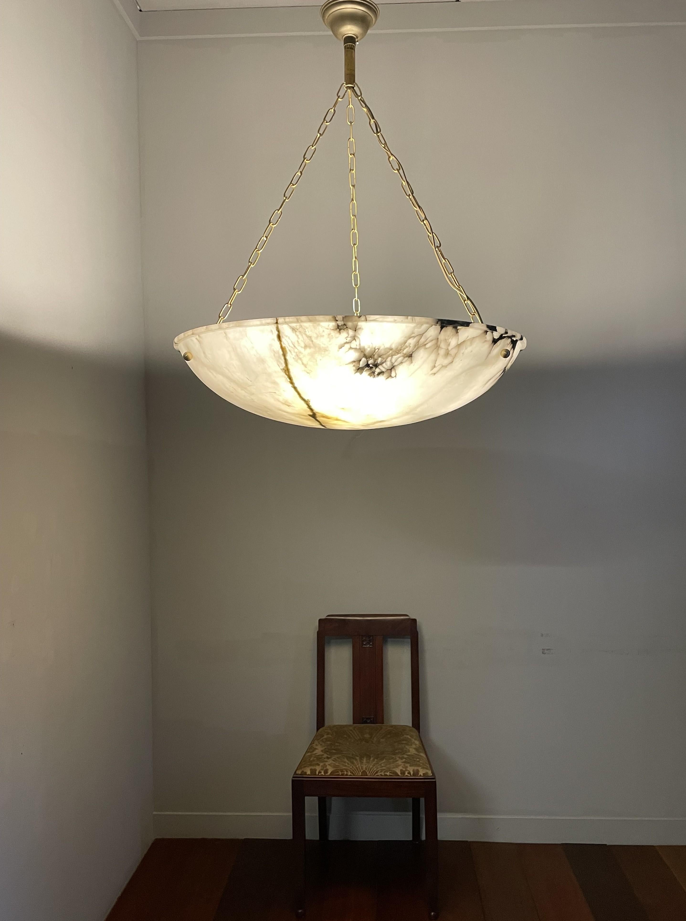 Metal Huge 31.5Ø Timeless Art Deco Alabaster Pendant Chandelier w Brass Chain & Canopy