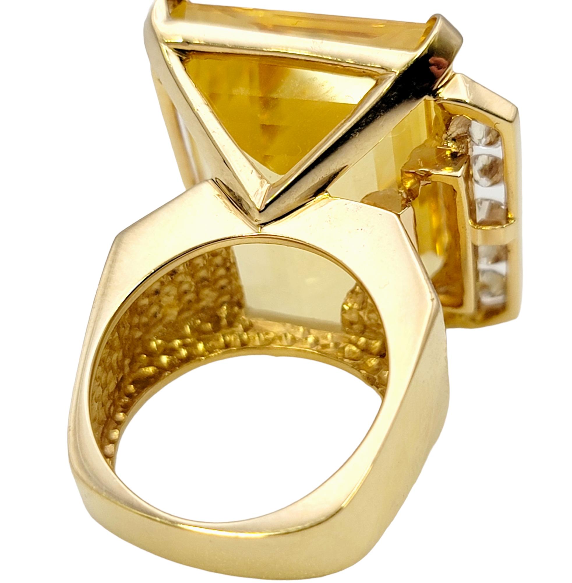 Huge 32.31 Carat Total Emerald Cut Citrine and Diamond Cocktail Ring Yellow Gold For Sale 4
