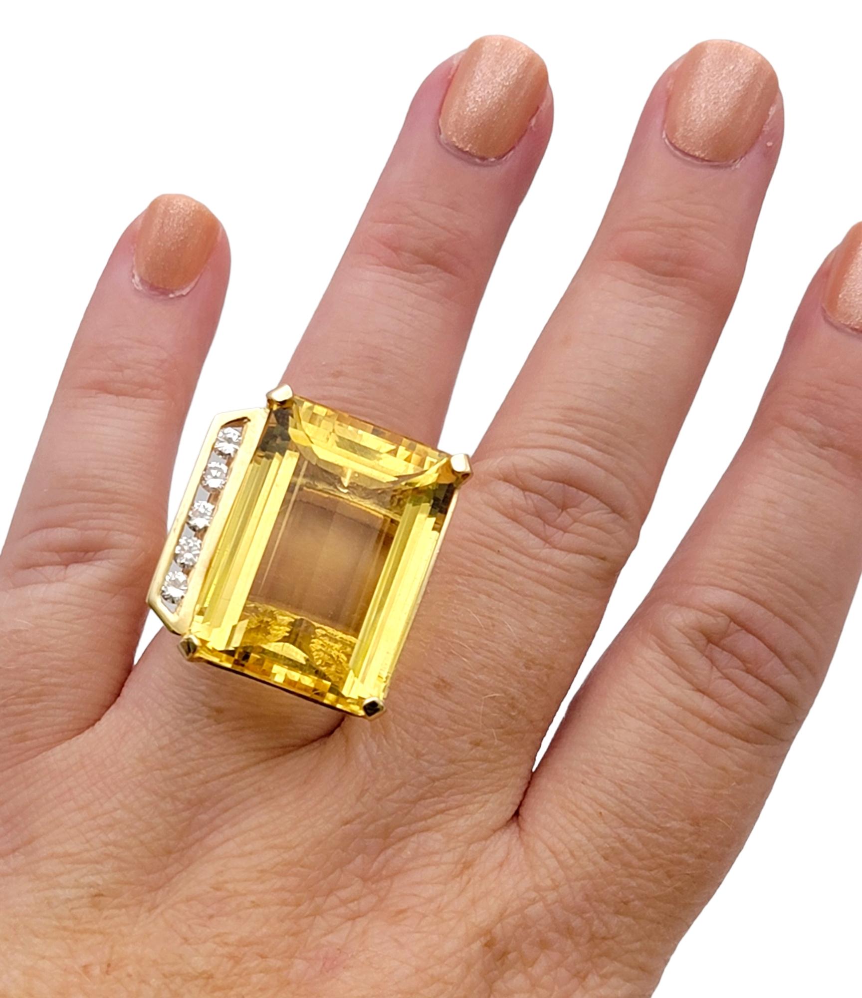 Huge 32.31 Carat Total Emerald Cut Citrine and Diamond Cocktail Ring Yellow Gold For Sale 8