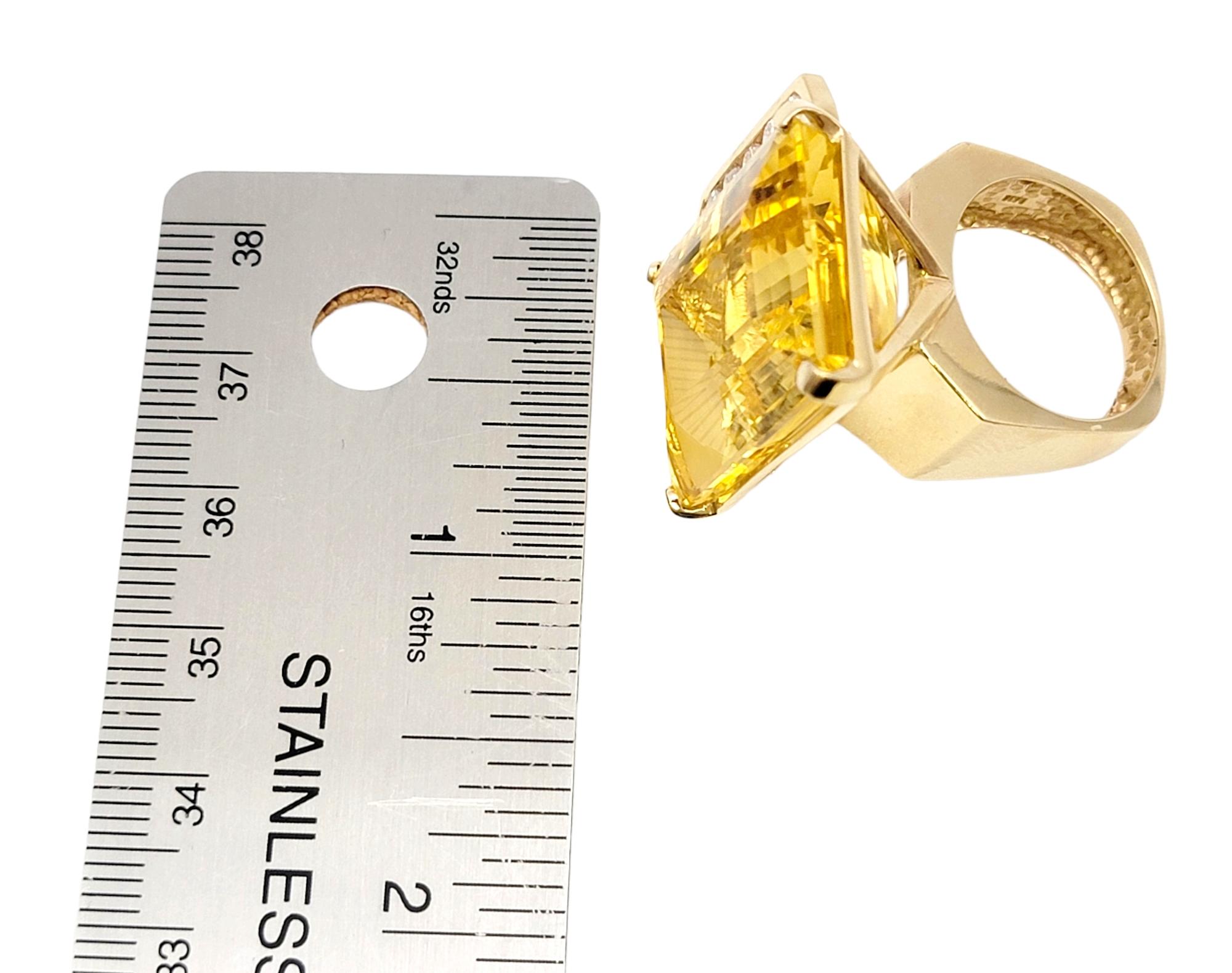 Huge 32.31 Carat Total Emerald Cut Citrine and Diamond Cocktail Ring Yellow Gold For Sale 9