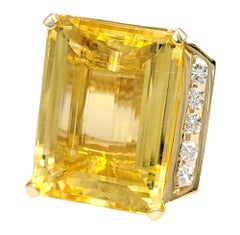 Huge 32.31 Carat Total Emerald Cut Citrine and Diamond Cocktail Ring Yellow Gold
