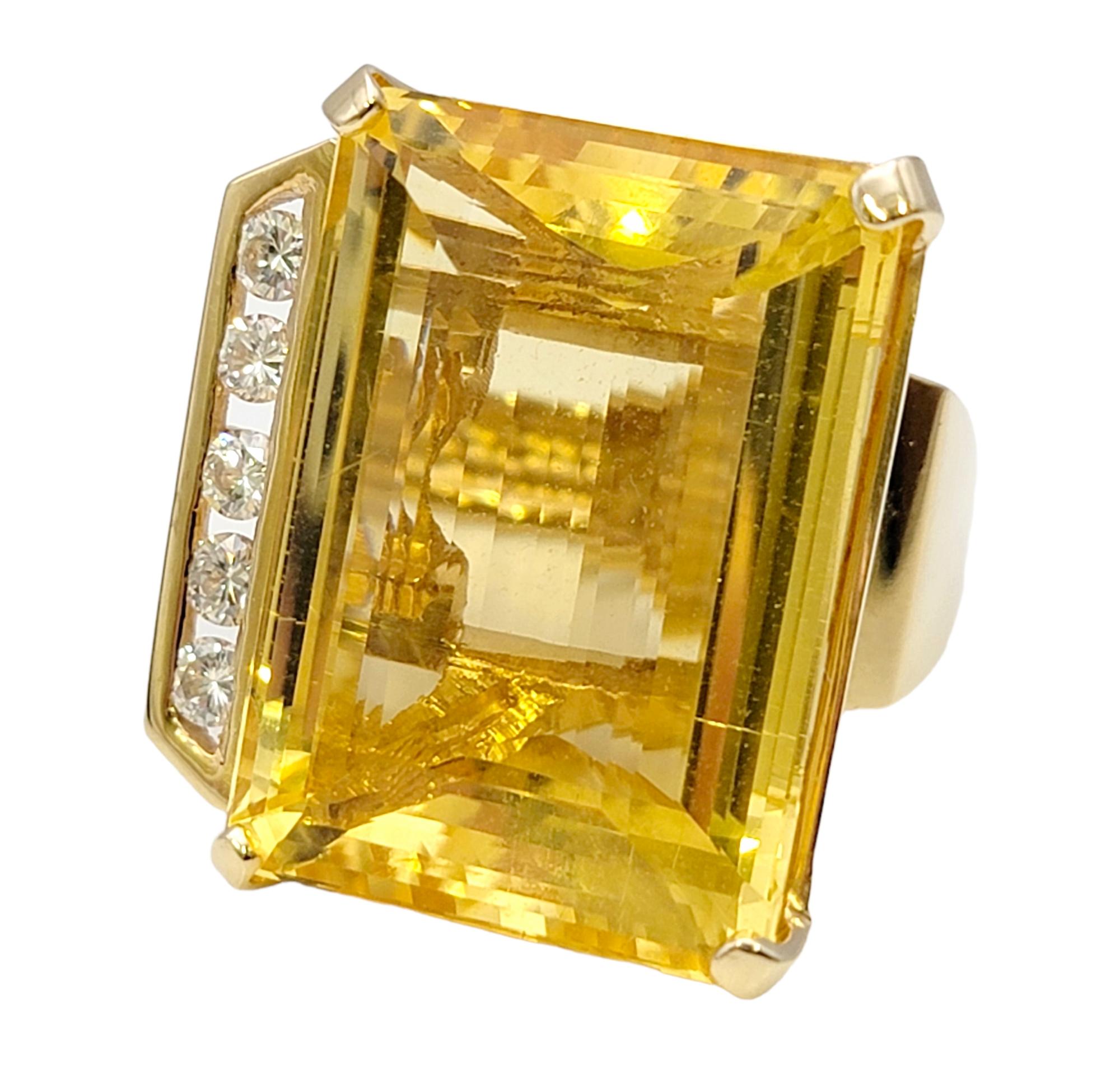Contemporary Huge 32.31 Carat Total Emerald Cut Citrine and Diamond Cocktail Ring Yellow Gold For Sale