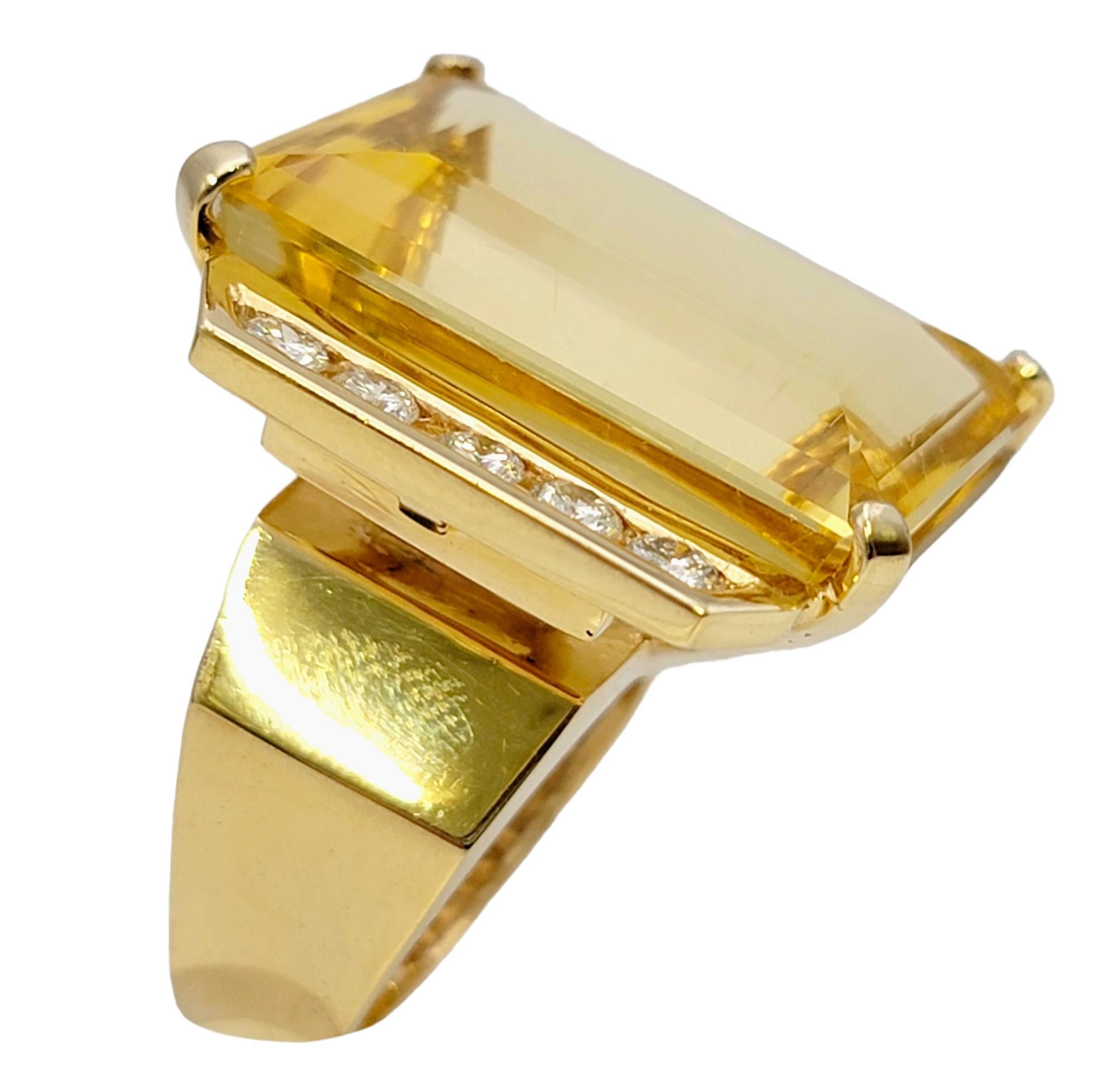 Women's Huge 32.31 Carat Total Emerald Cut Citrine and Diamond Cocktail Ring Yellow Gold For Sale
