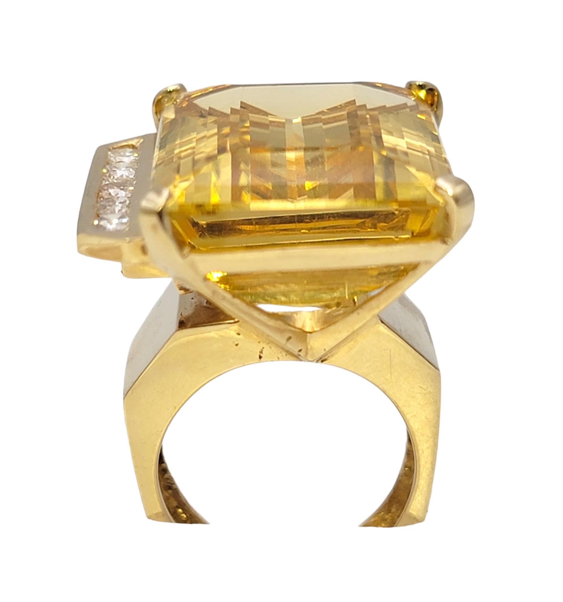 Huge 32.31 Carat Total Emerald Cut Citrine and Diamond Cocktail Ring Yellow Gold For Sale 2