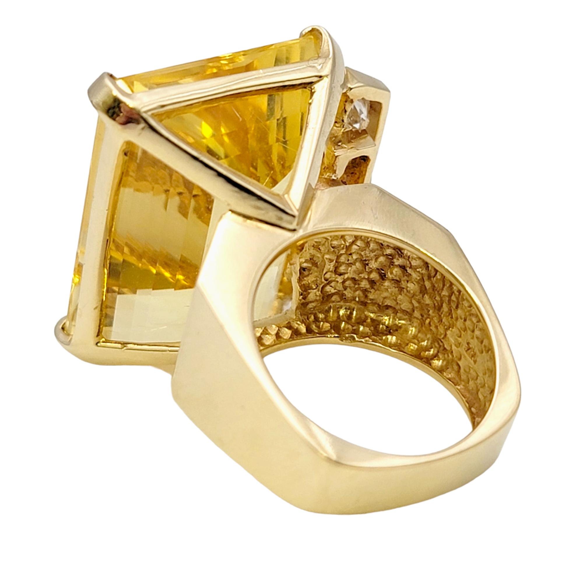 Huge 32.31 Carat Total Emerald Cut Citrine and Diamond Cocktail Ring Yellow Gold For Sale 3