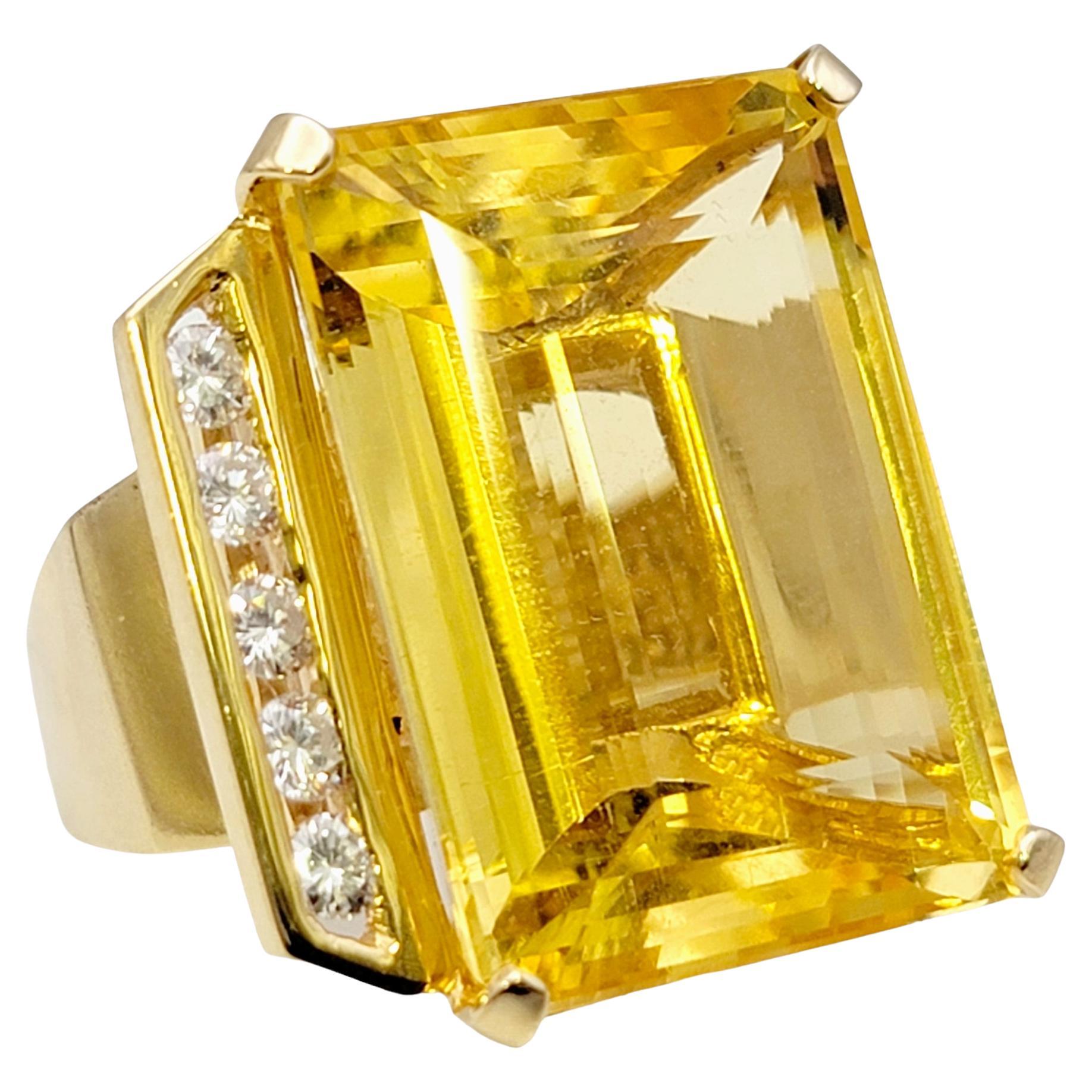 Huge 32.31 Carat Total Emerald Cut Citrine and Diamond Cocktail Ring Yellow Gold For Sale