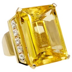 Vintage Huge 32.31 Carat Total Emerald Cut Citrine and Diamond Cocktail Ring Yellow Gold
