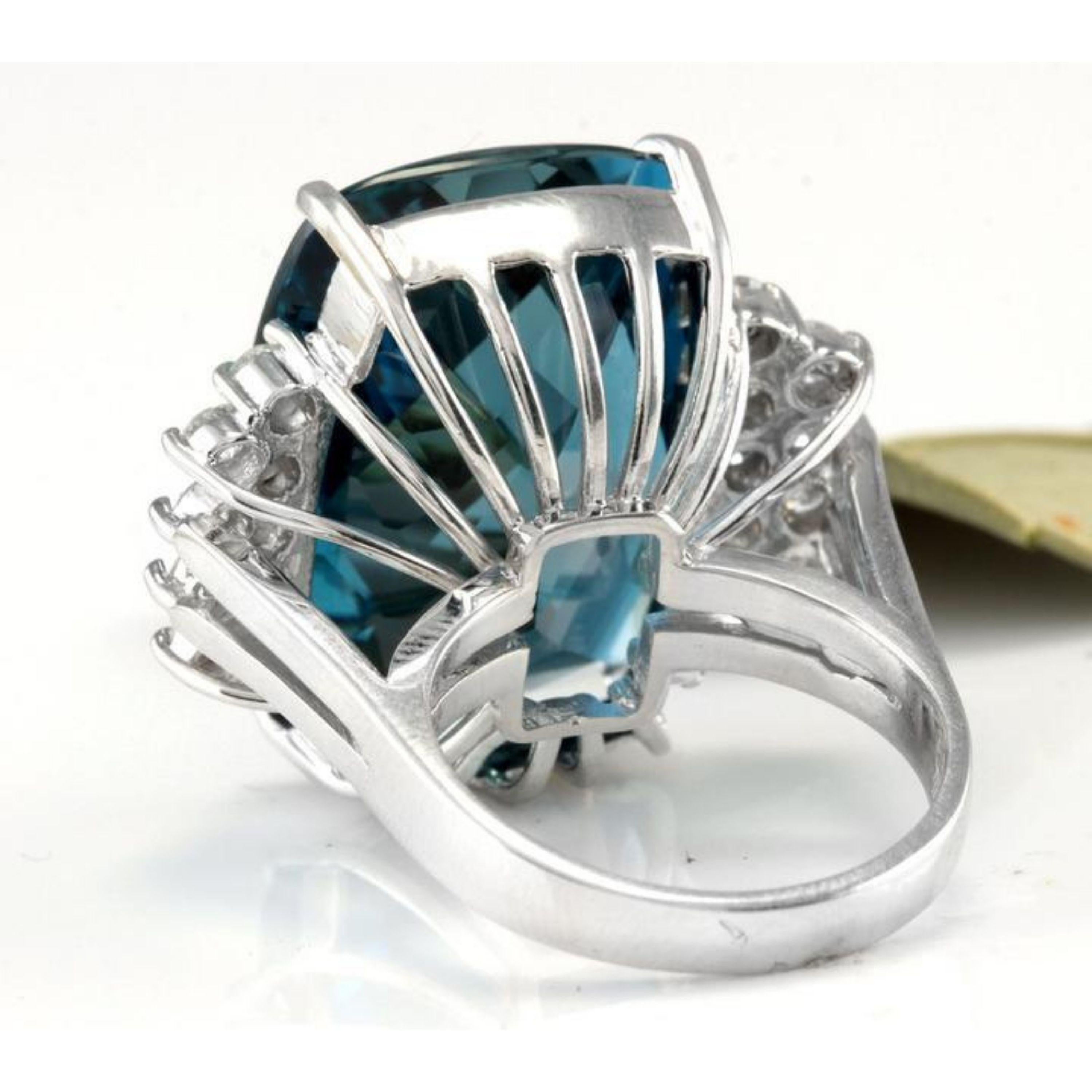 Mixed Cut Huge 33.40 Carat Natural Impressive London Blue Topaz and Diamond 14k White Gold For Sale