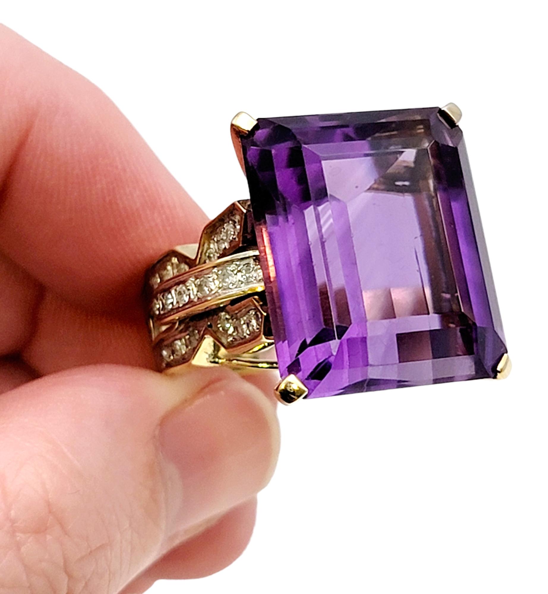 Huge 34.85 Carat Emerald Cut Amethyst Cocktail Ring with Side Diamond Detailing For Sale 6