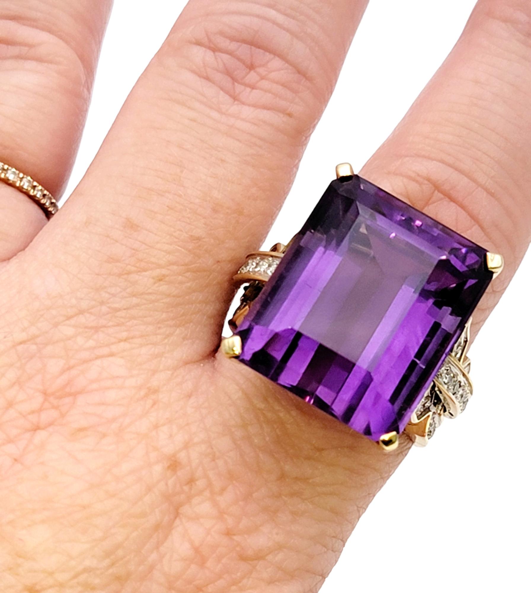 Huge 34.85 Carat Emerald Cut Amethyst Cocktail Ring with Side Diamond Detailing For Sale 7