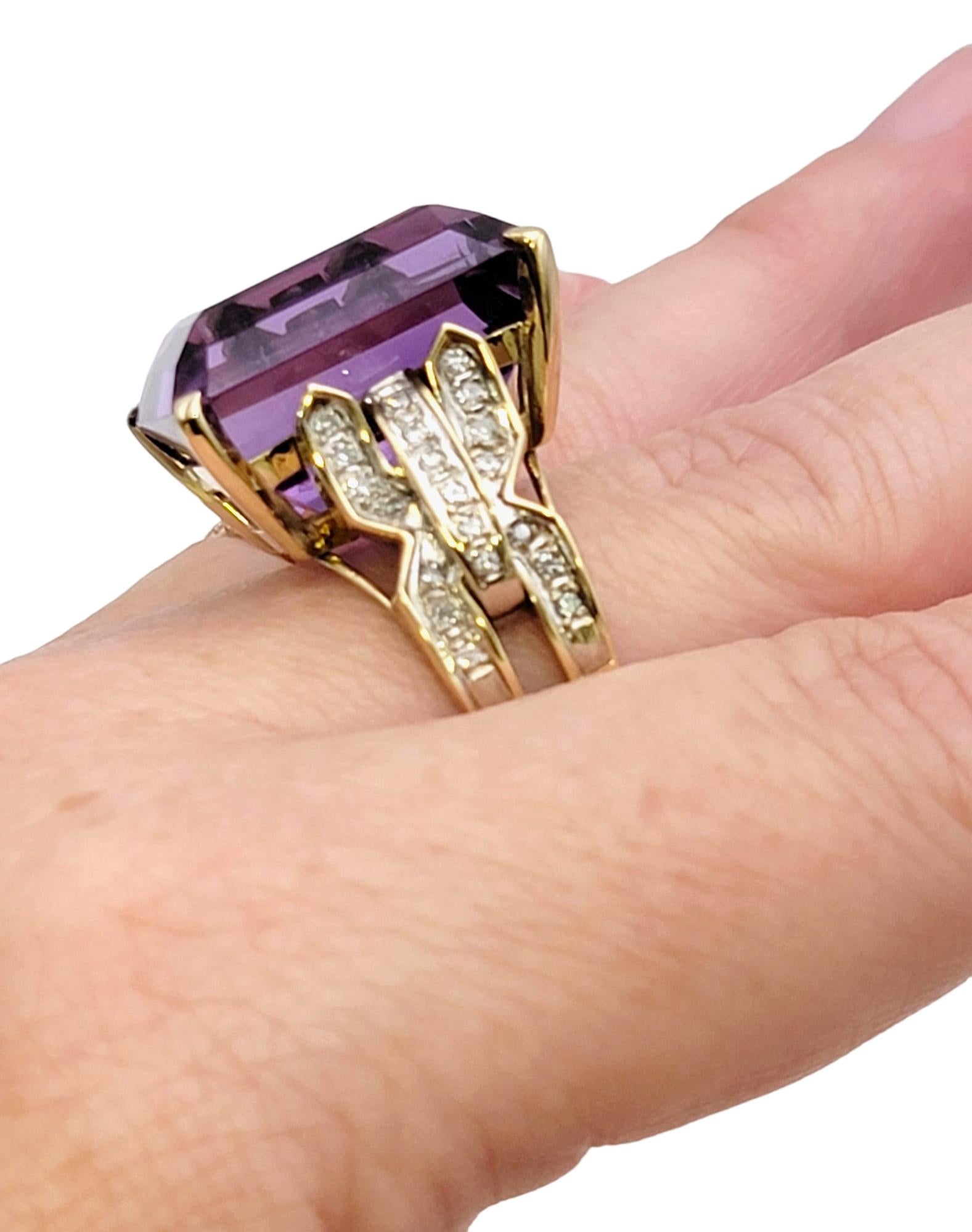 Huge 34.85 Carat Emerald Cut Amethyst Cocktail Ring with Side Diamond Detailing For Sale 8