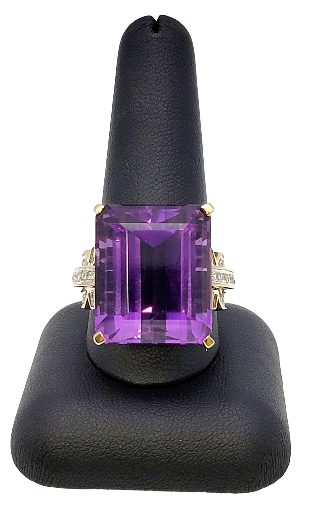 Huge 34.85 Carat Emerald Cut Amethyst Cocktail Ring with Side Diamond Detailing For Sale 9