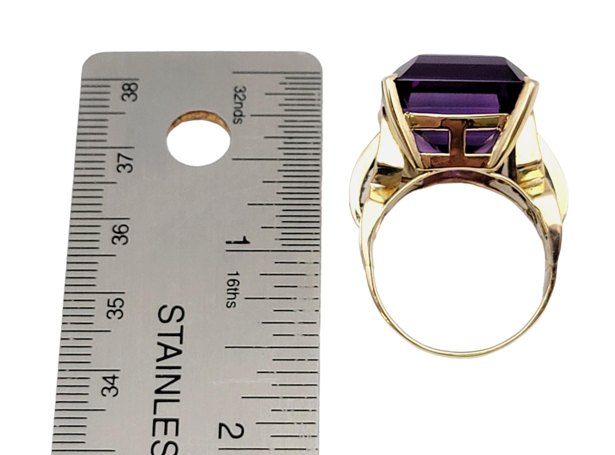 Huge 34.85 Carat Emerald Cut Amethyst Cocktail Ring with Side Diamond Detailing For Sale 11