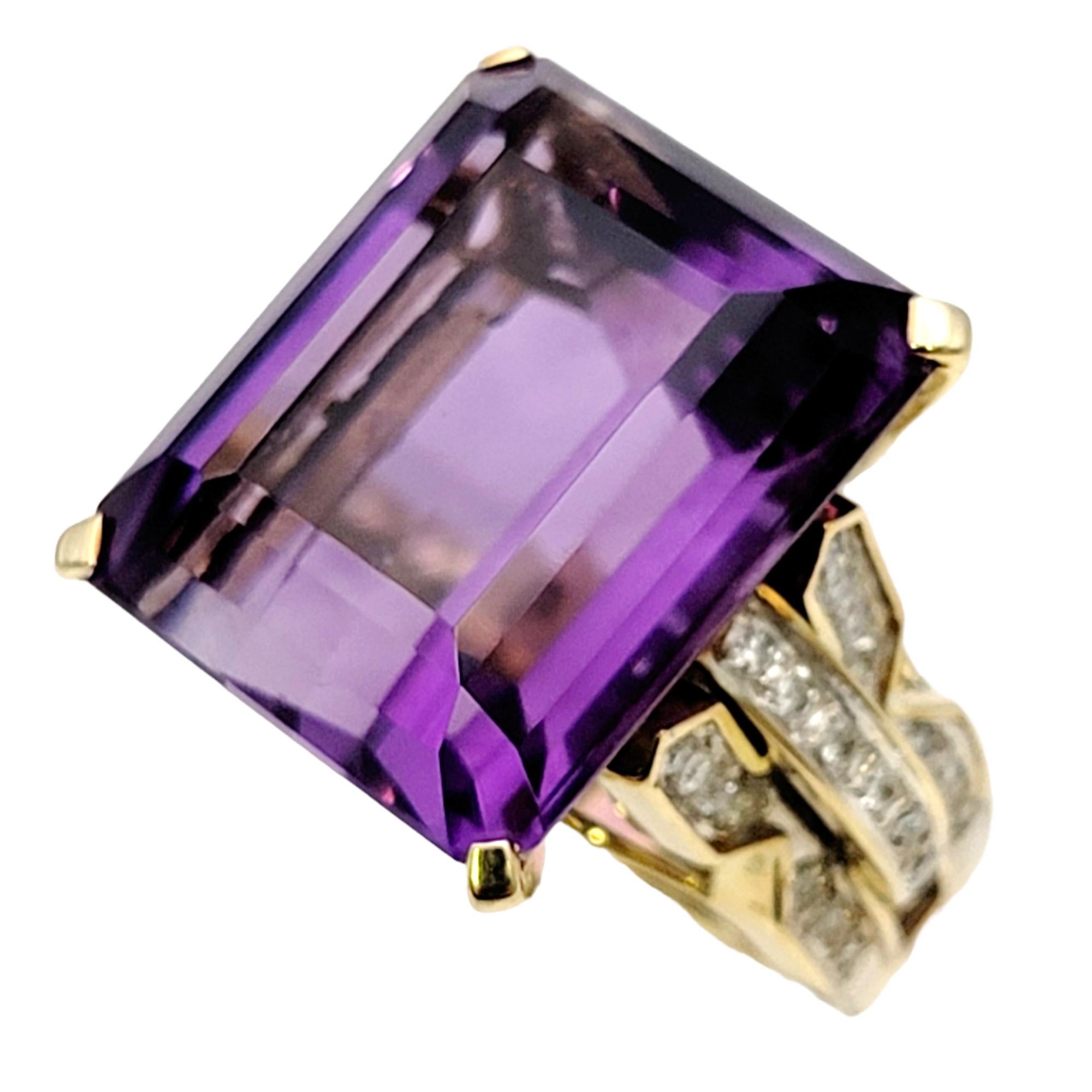 Contemporary Huge 34.85 Carat Emerald Cut Amethyst Cocktail Ring with Side Diamond Detailing For Sale