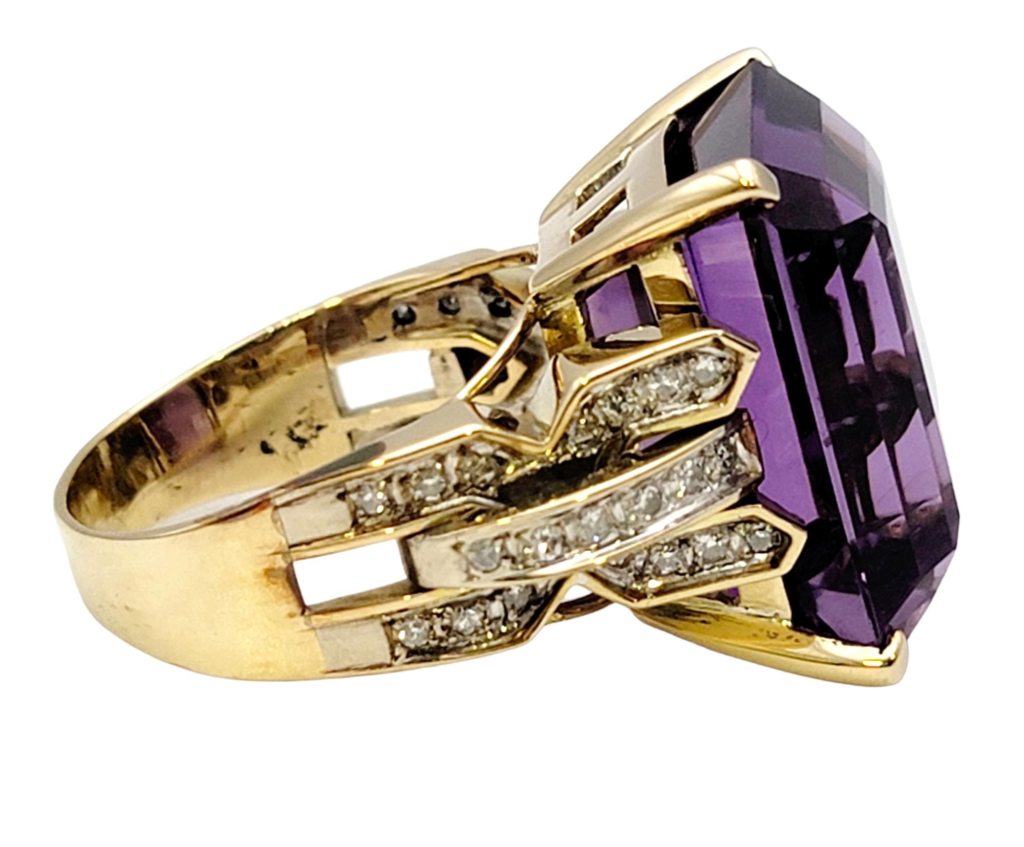 Huge 34.85 Carat Emerald Cut Amethyst Cocktail Ring with Side Diamond Detailing In Good Condition For Sale In Scottsdale, AZ