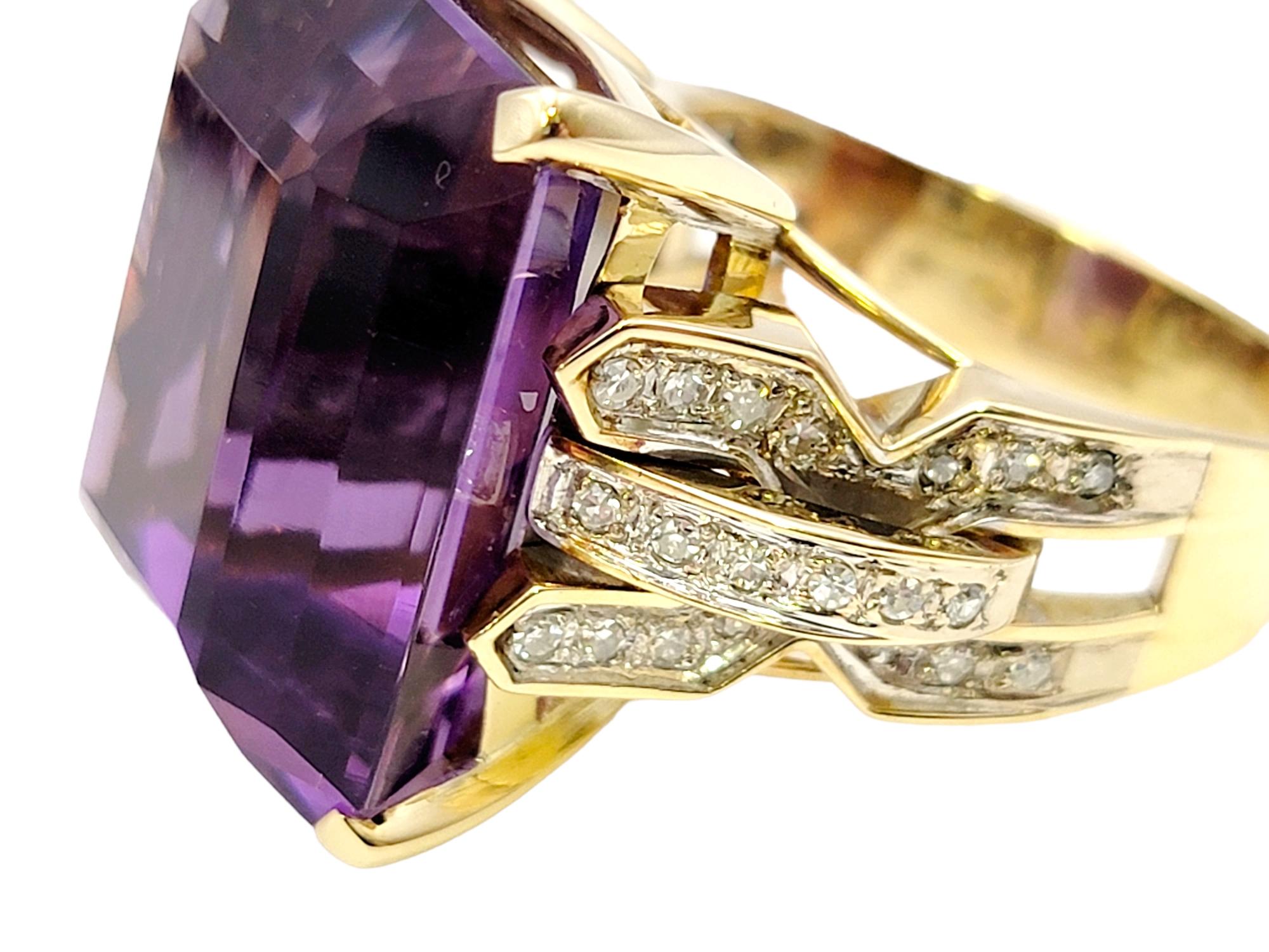 Women's Huge 34.85 Carat Emerald Cut Amethyst Cocktail Ring with Side Diamond Detailing For Sale