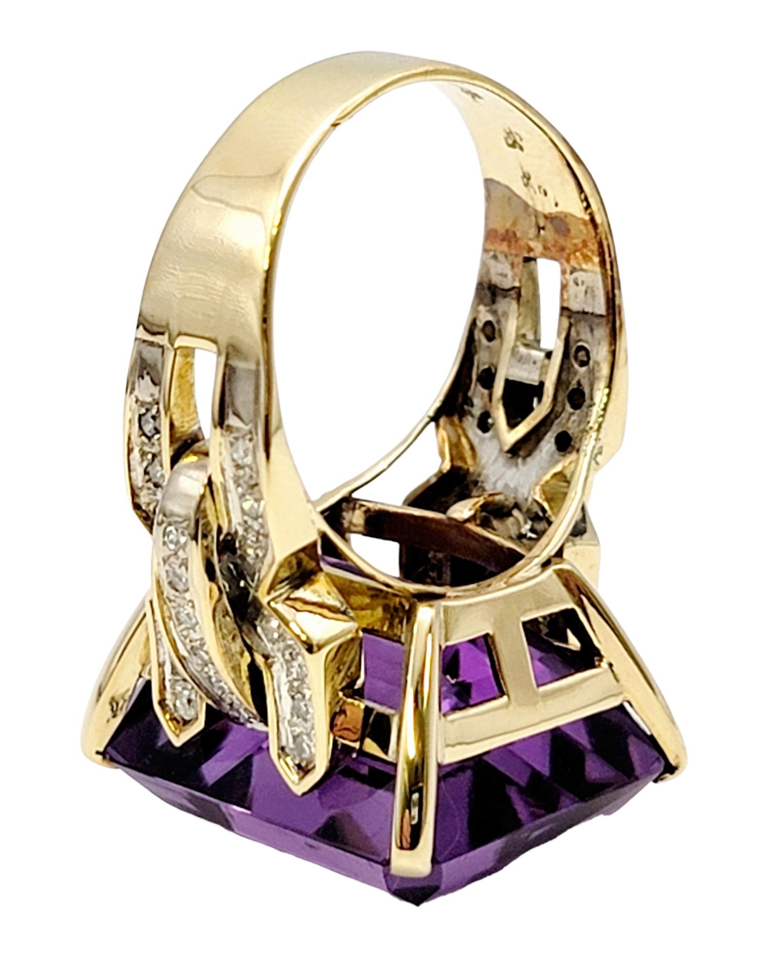 Huge 34.85 Carat Emerald Cut Amethyst Cocktail Ring with Side Diamond Detailing For Sale 1