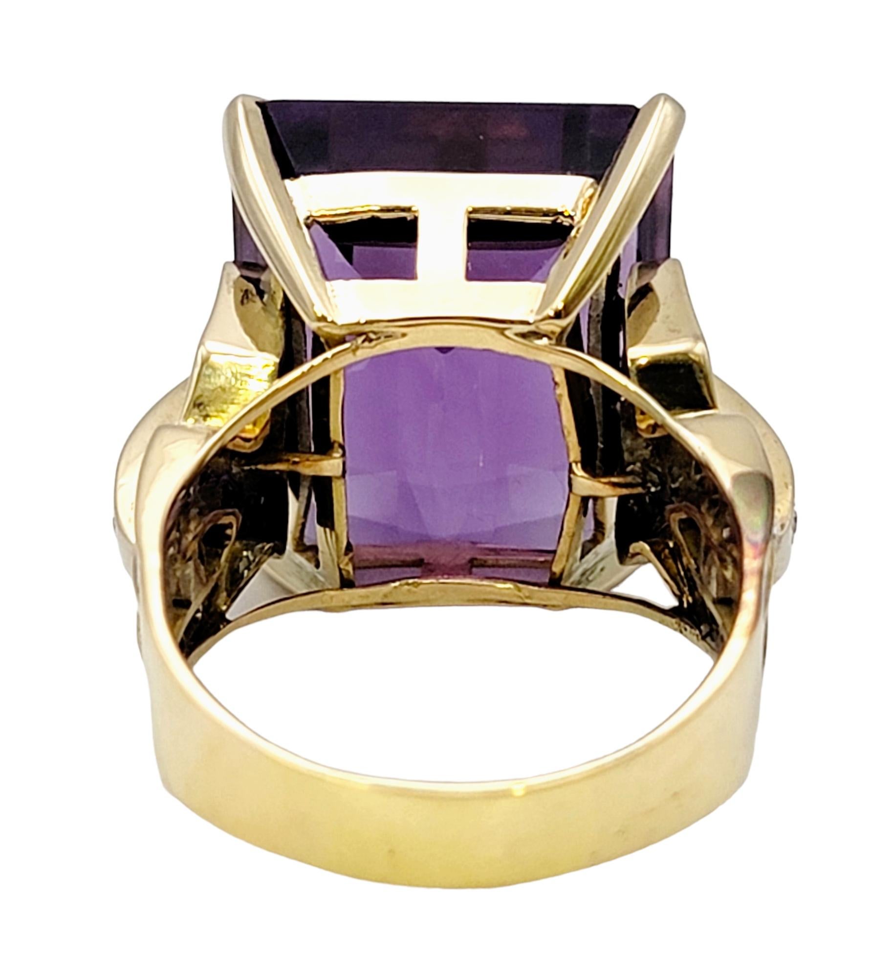 Huge 34.85 Carat Emerald Cut Amethyst Cocktail Ring with Side Diamond Detailing For Sale 2
