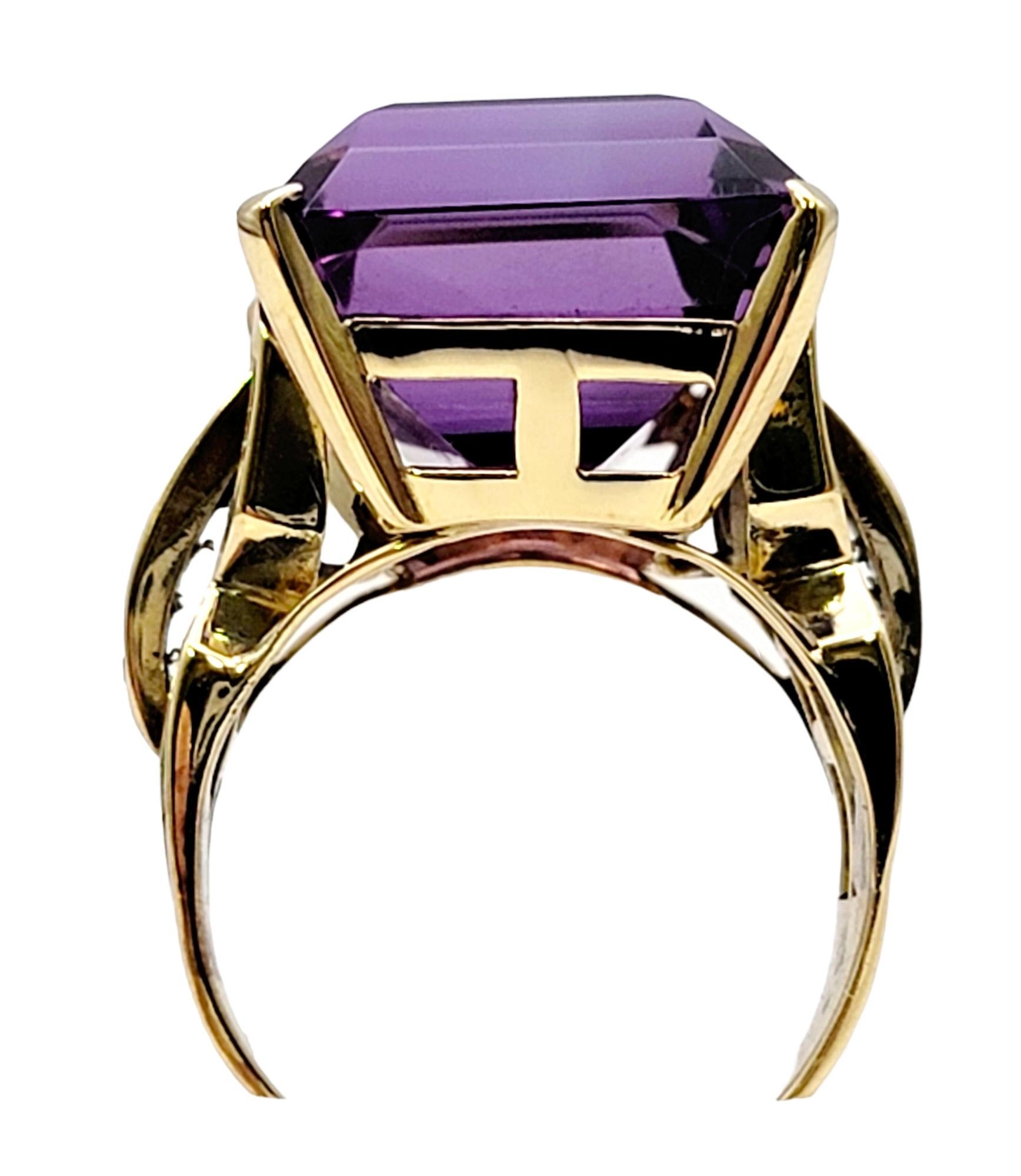 Huge 34.85 Carat Emerald Cut Amethyst Cocktail Ring with Side Diamond Detailing For Sale 3