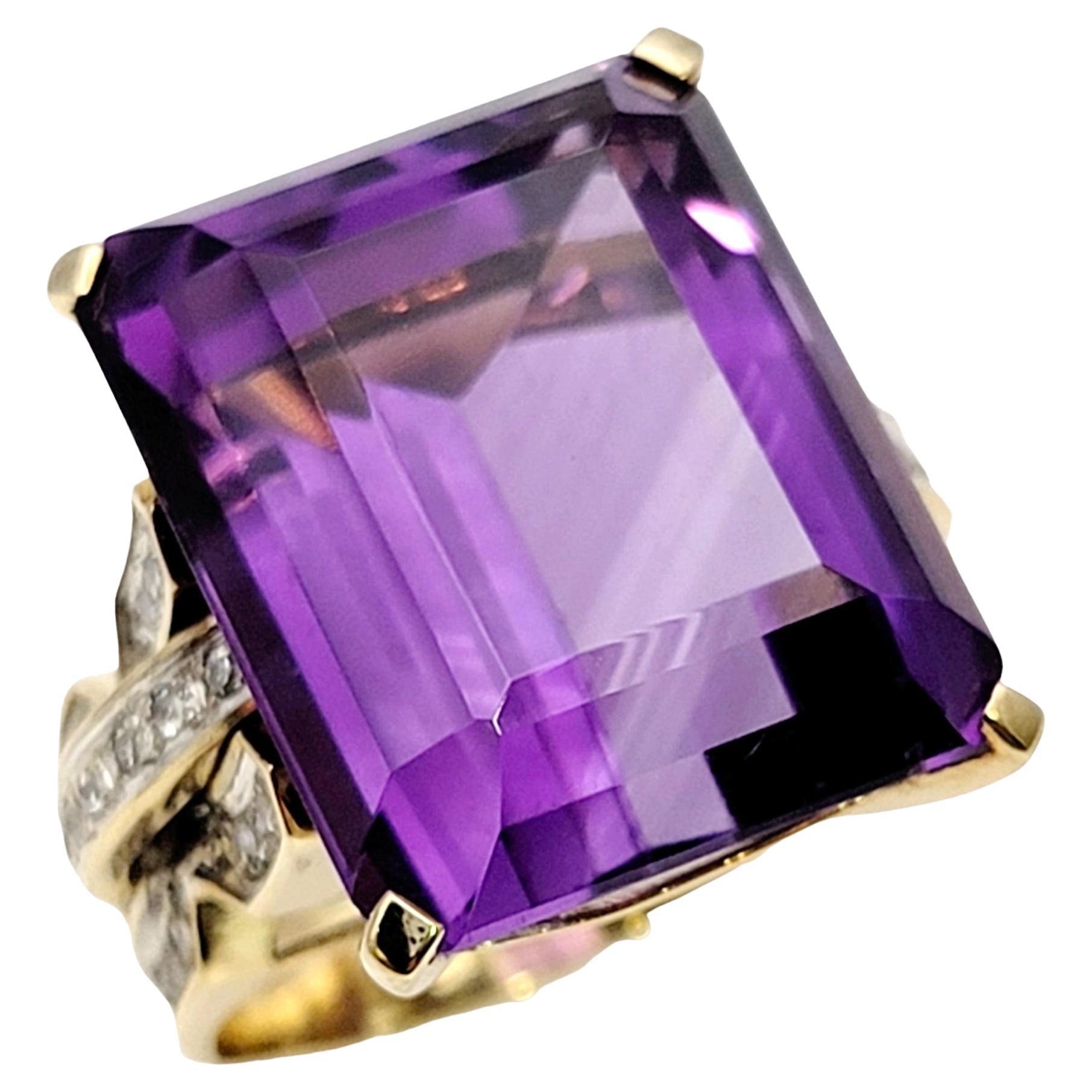 Huge 34.85 Carat Emerald Cut Amethyst Cocktail Ring with Side Diamond Detailing For Sale
