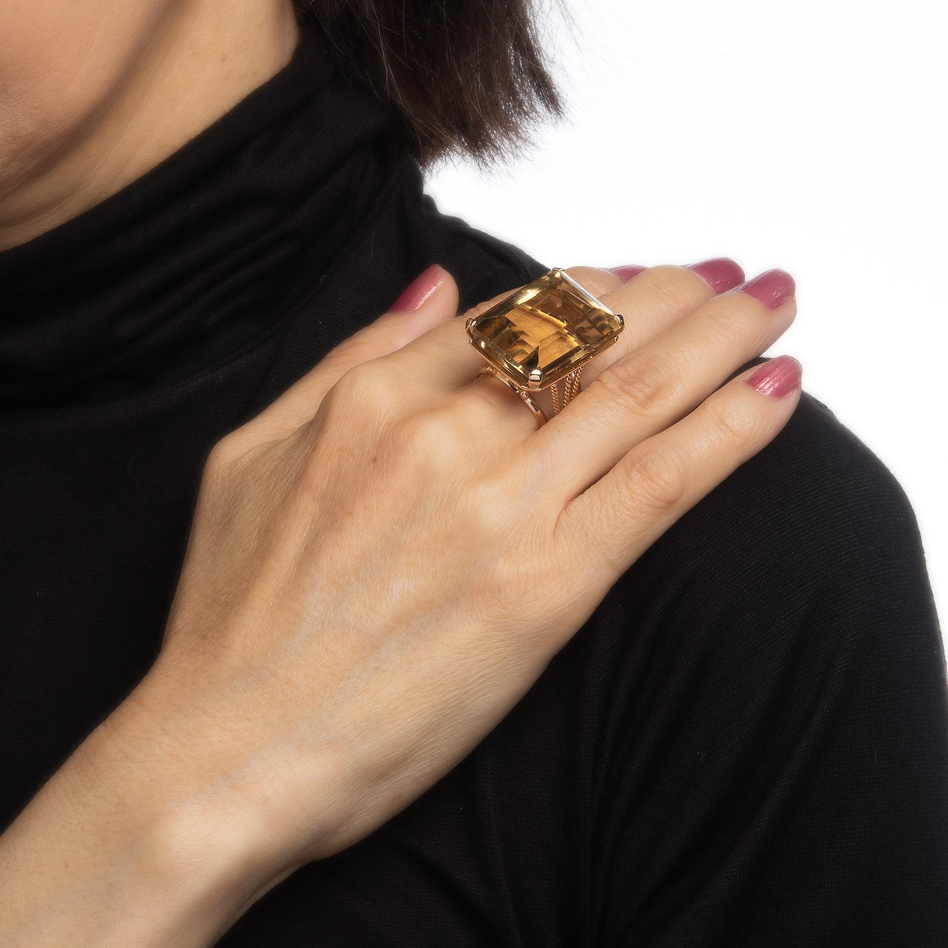 Women's Huge 35ct Citrine Ring Vintage 60s 14k Yellow Gold Emerald Cut Fine Jewelry