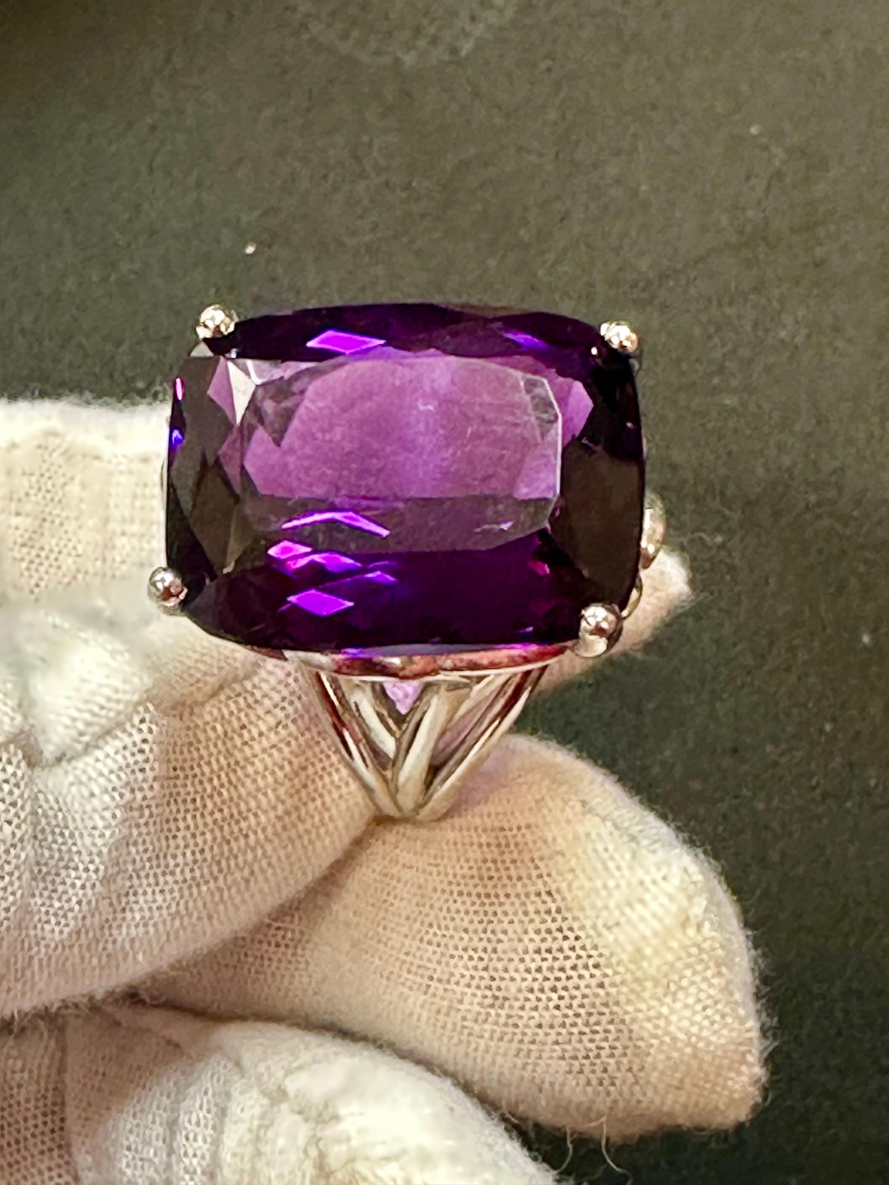 Huge 38 Carat Cushion Cut Natural Amethyst Cocktail Ring in Platinum 23.8 Gm For Sale 5