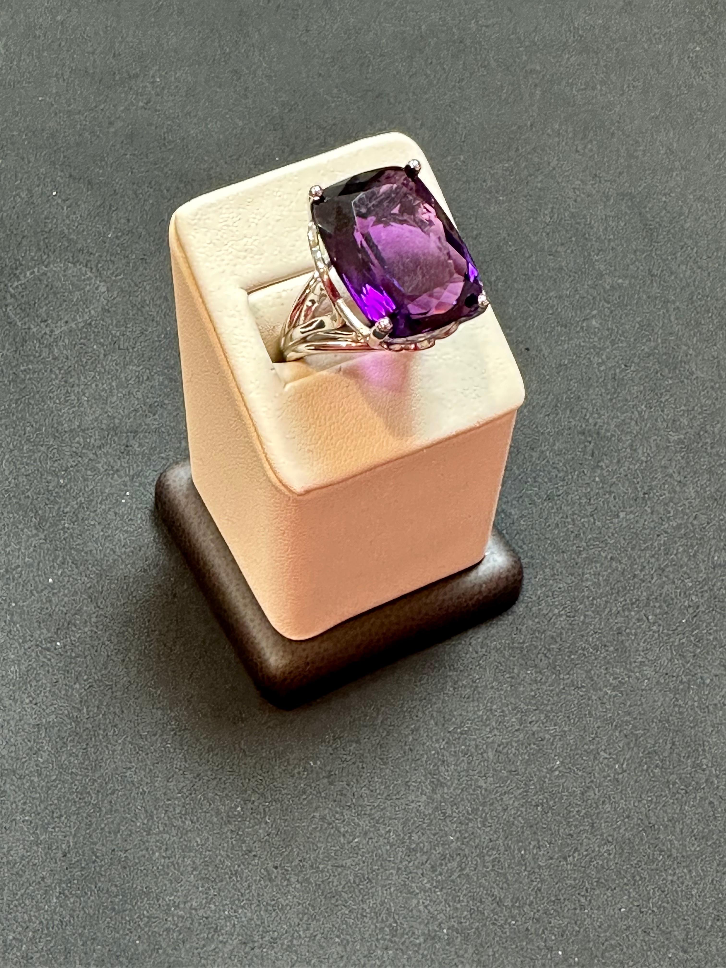Women's Huge 38 Carat Cushion Cut Natural Amethyst Cocktail Ring in Platinum 23.8 Gm For Sale