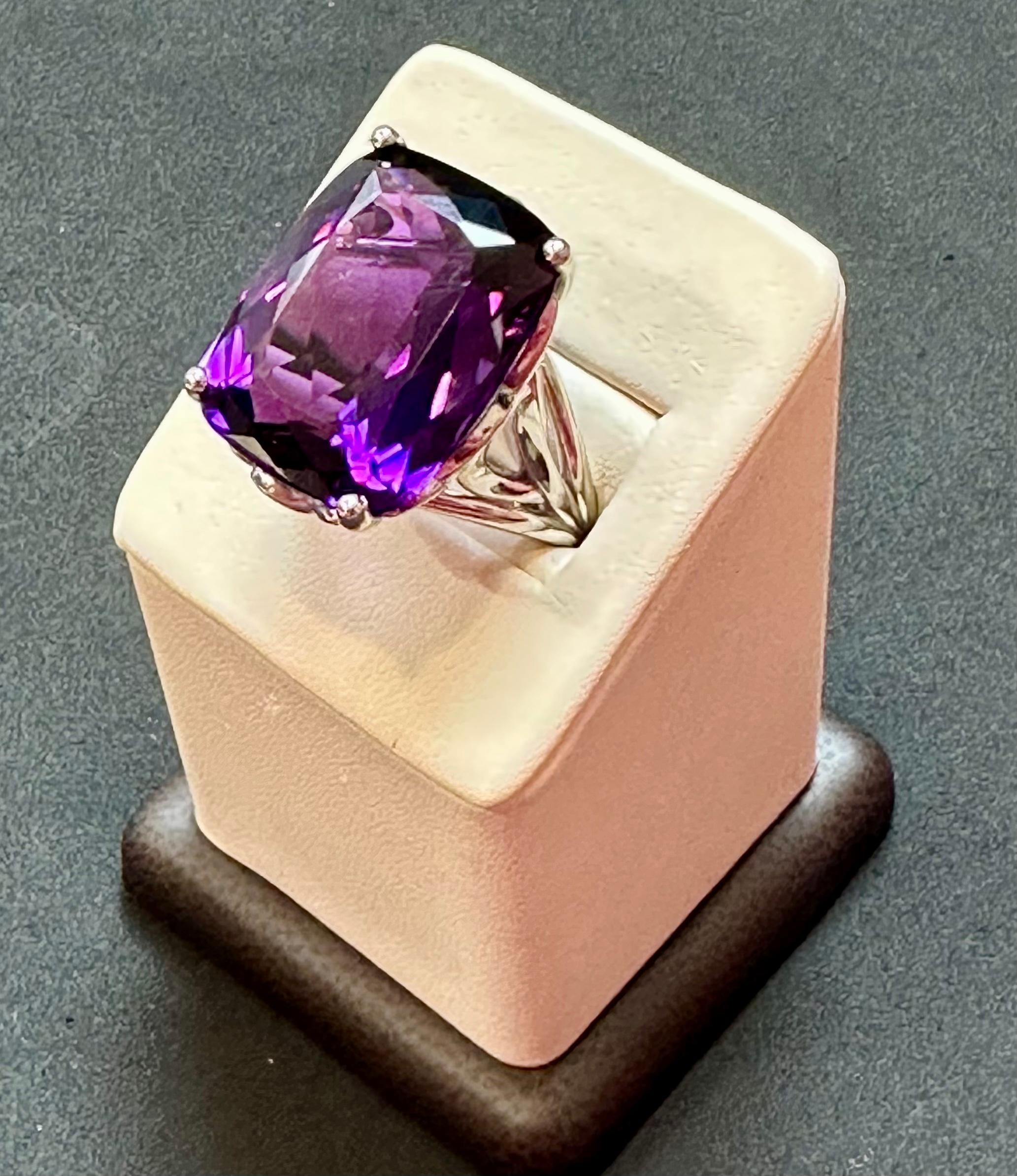 Huge 38 Carat Cushion Cut Natural Amethyst Cocktail Ring in Platinum 23.8 Gm For Sale 1