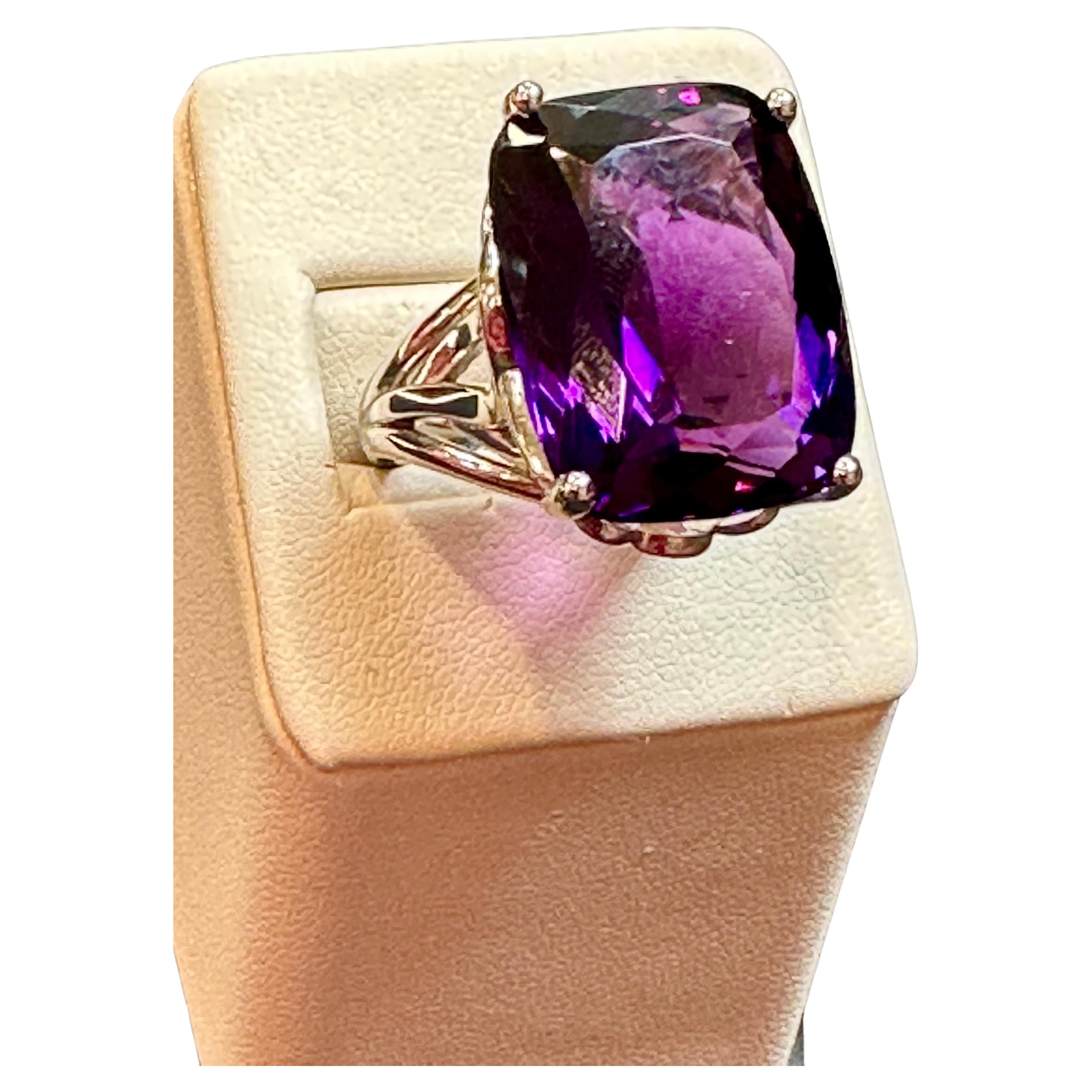 Huge 38 Carat Cushion Cut Natural Amethyst Cocktail Ring in Platinum 23.8 Gm For Sale