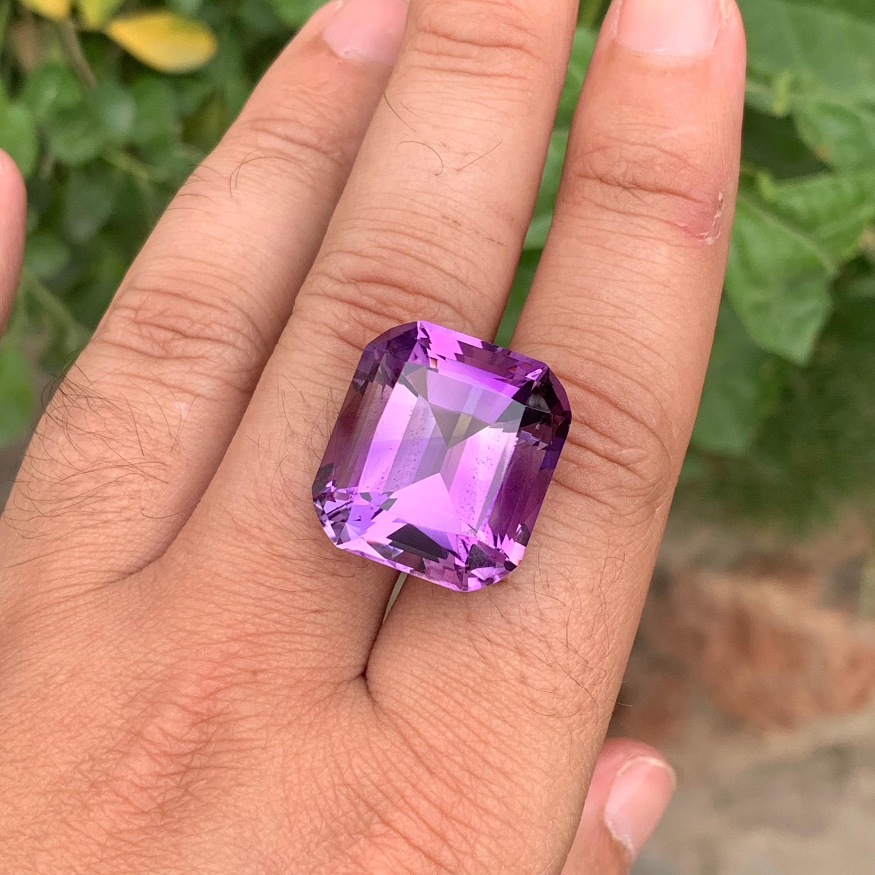 Stone: Amethyst

Weight : 38.55 Carats
Dimension: 21 x 19.9 x 14.1 Mm
Origin: Brazil
Shape: Cushion 
Color: Purple
Treatment: Non
Certificate: On Customer Demand

Amethyst, a stunning violet variety of quartz, is known not only for its beauty but