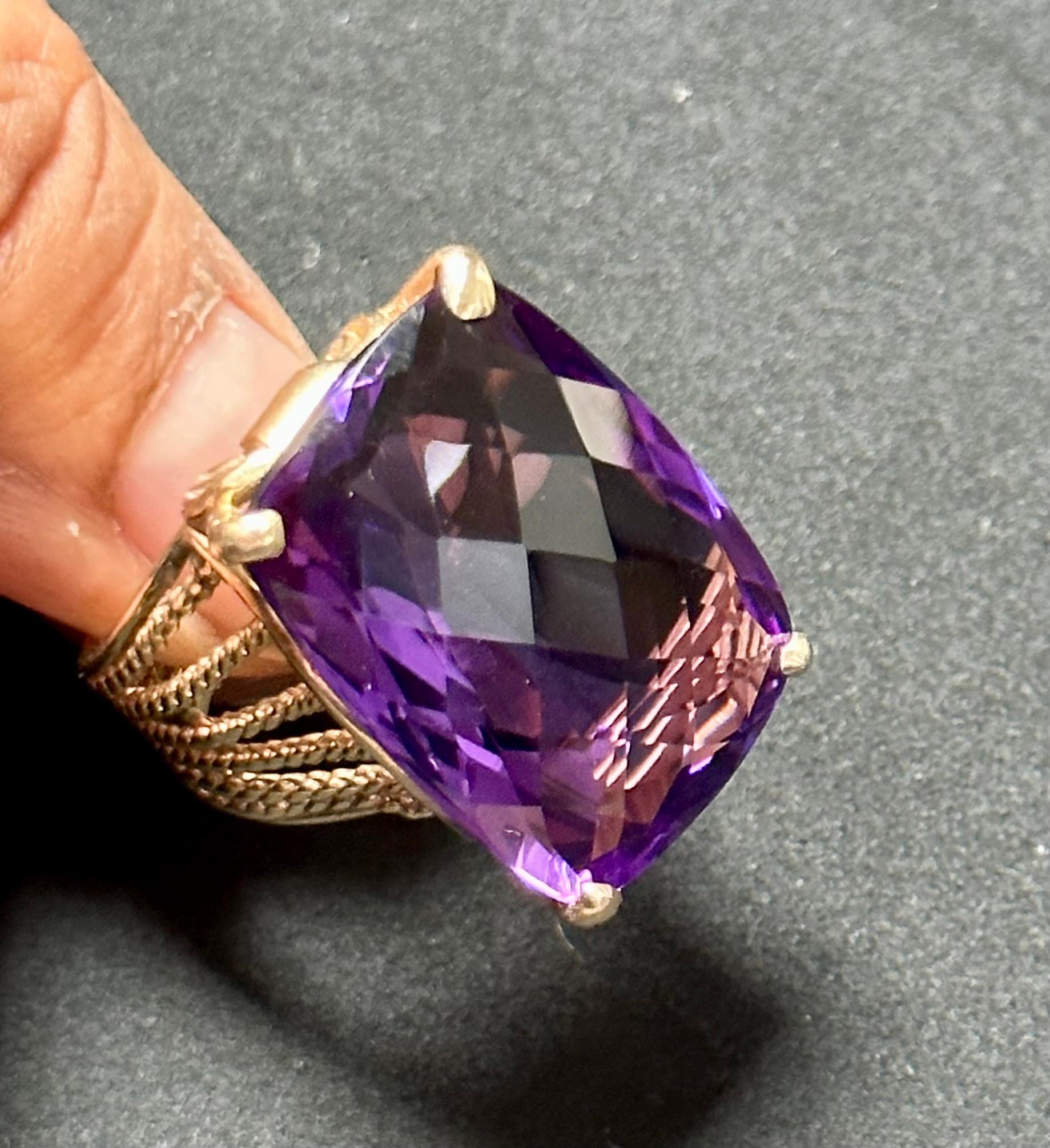 Huge 40Ct Checker Board Cushion Cut Natural Amethyst Cocktail Ring 14KYG, 15.8gm For Sale 6