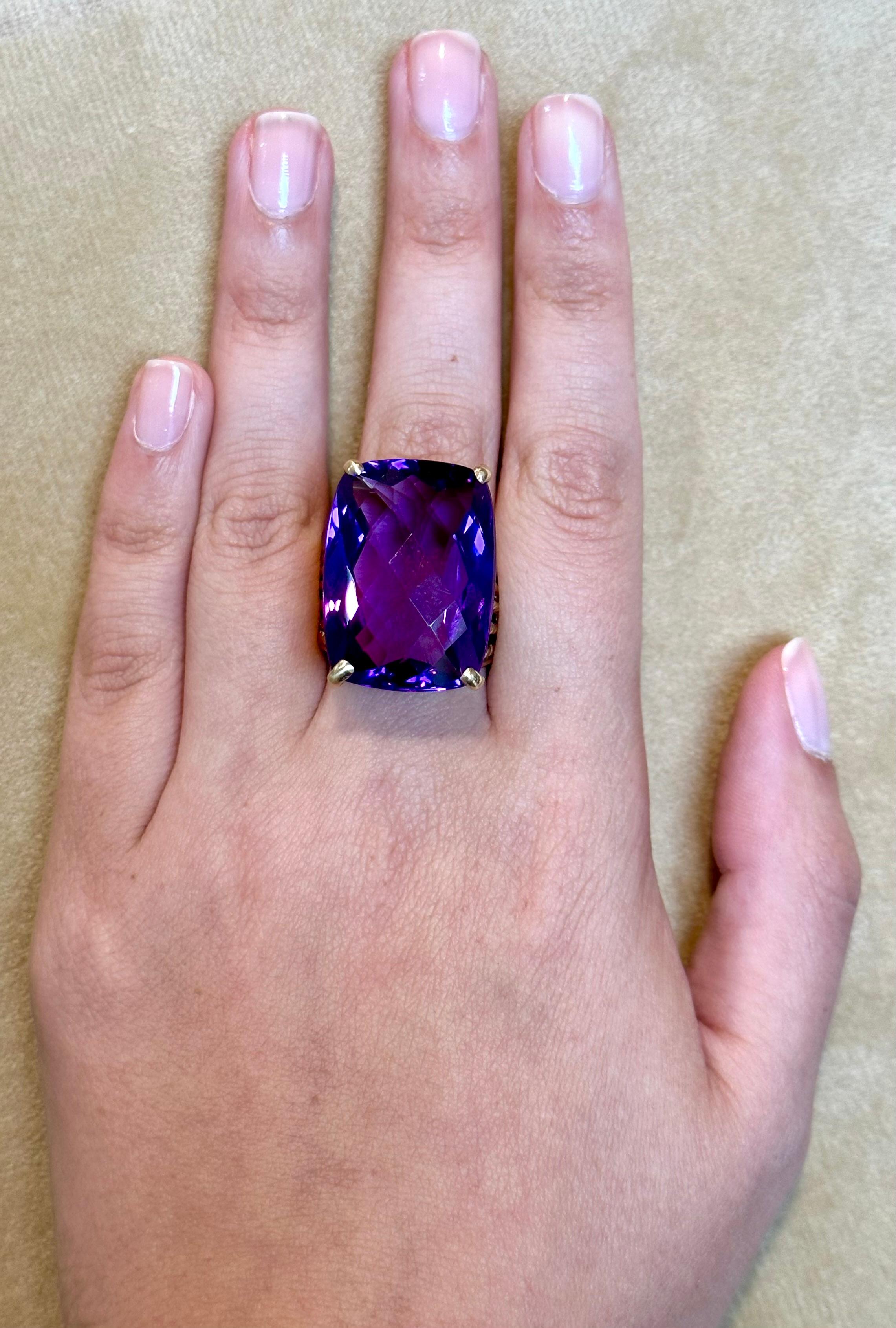 Huge 40Ct Checker Board Cushion Cut Natural Amethyst Cocktail Ring 14KYG, 15.8gm For Sale 8