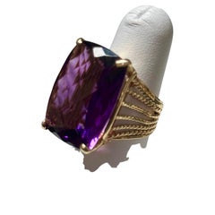 Huge 40Ct Checker Board Cushion Cut Natural Amethyst Cocktail Ring 14KYG, 15.8gm