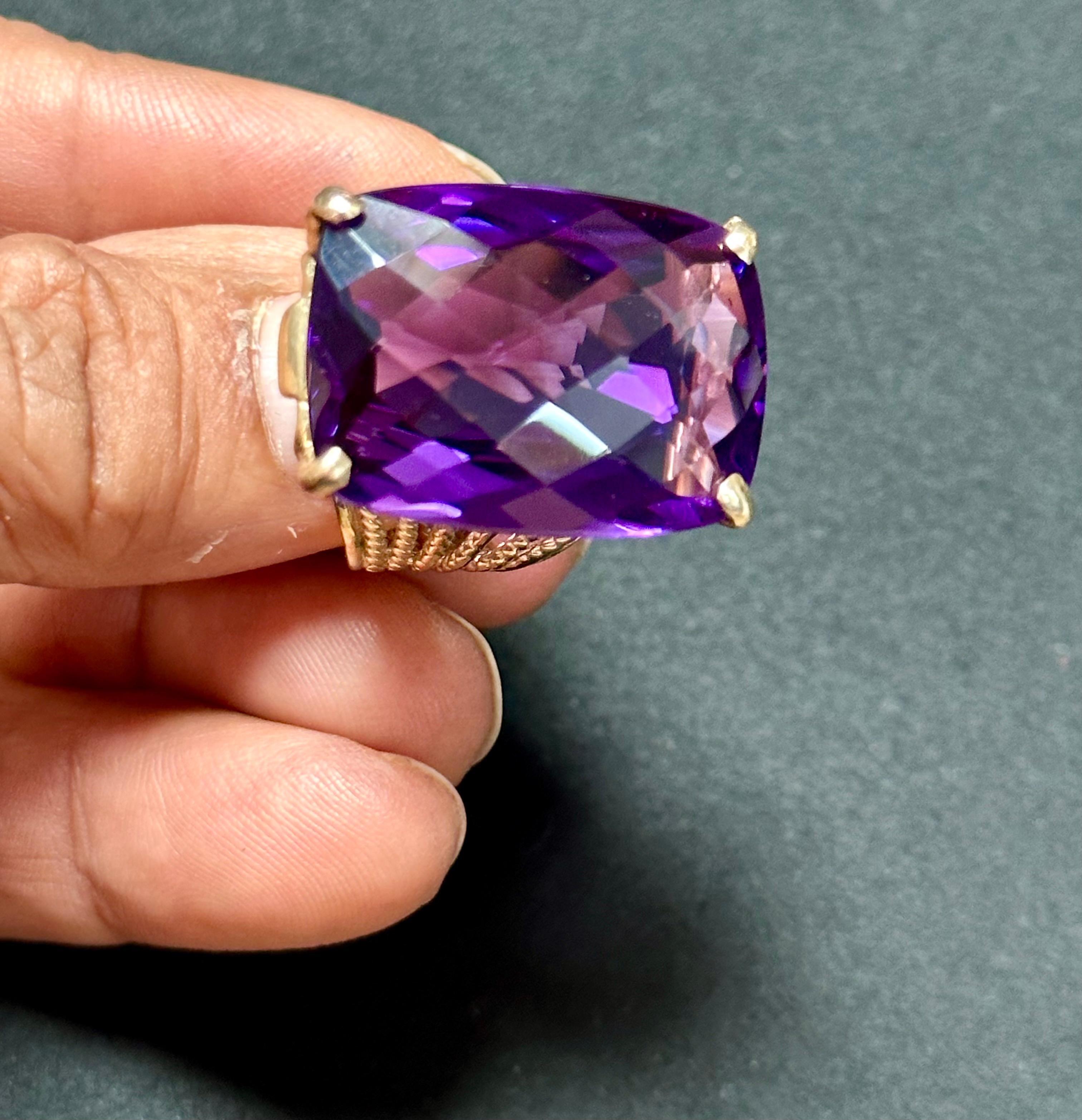 Women's Huge 40Ct Checker Board Cushion Cut Natural Amethyst Cocktail Ring 14KYG, 15.8gm For Sale