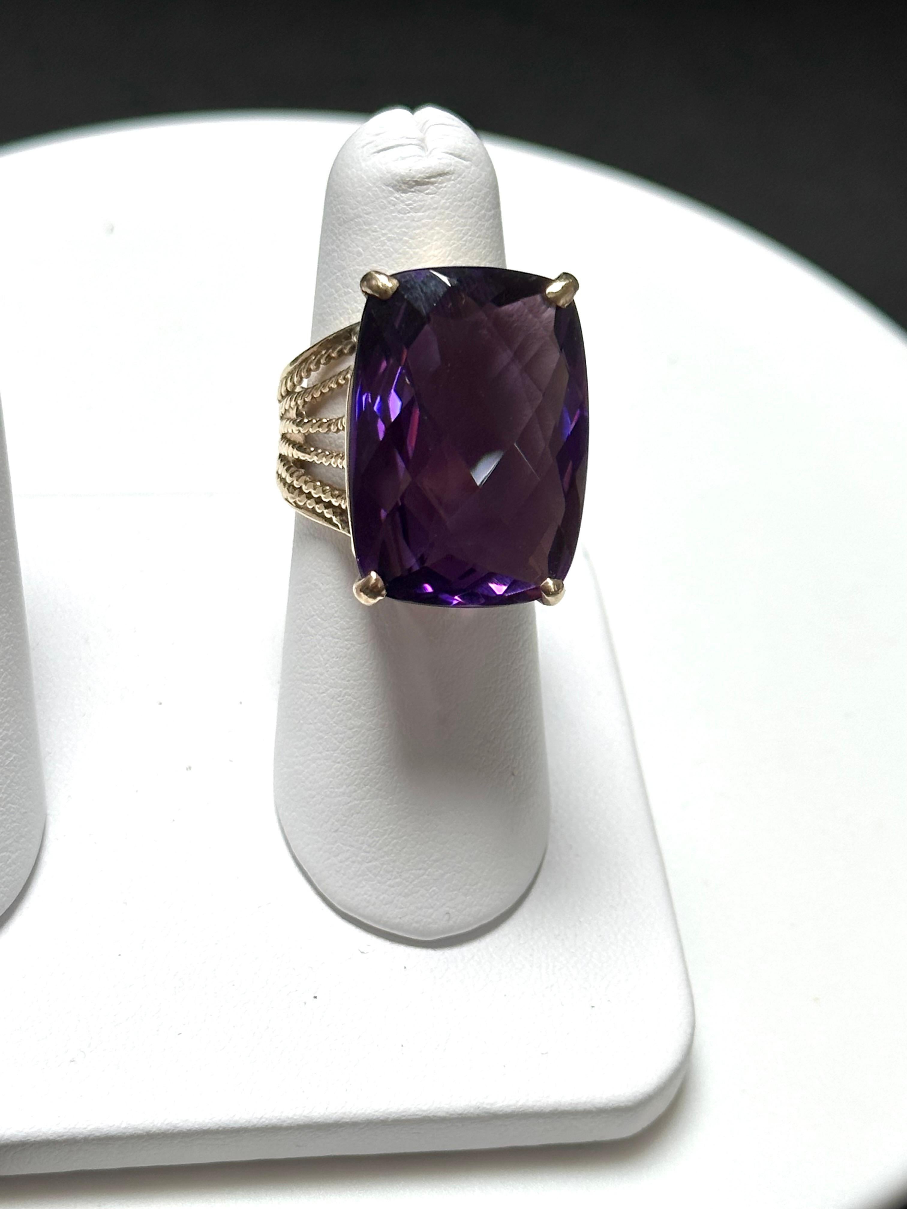 Huge 40Ct Checker Board Cushion Cut Natural Amethyst Cocktail Ring 14KYG, 15.8gm For Sale 1