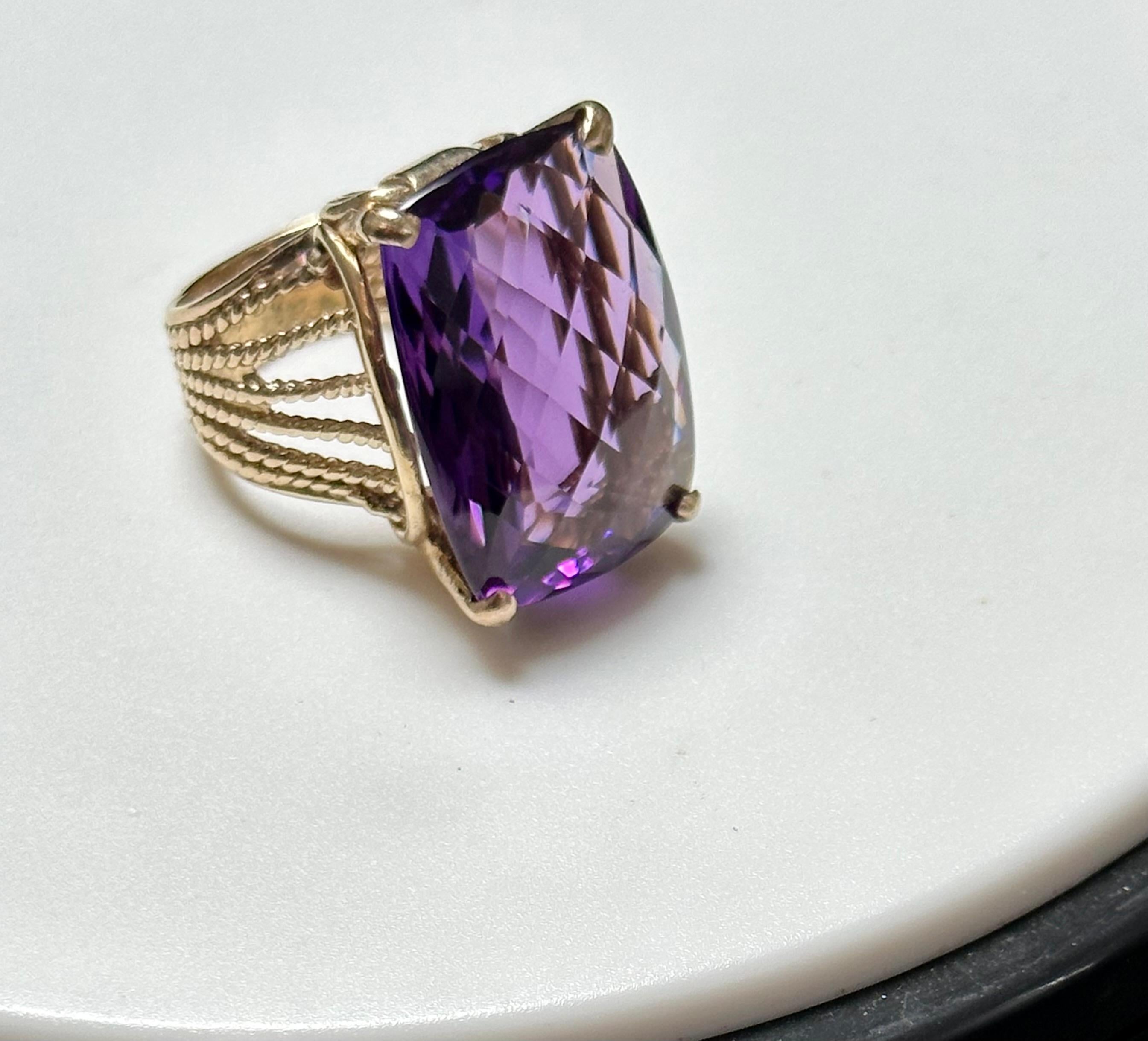 Huge 40Ct Checker Board Cushion Cut Natural Amethyst Cocktail Ring 14KYG, 15.8gm For Sale 2