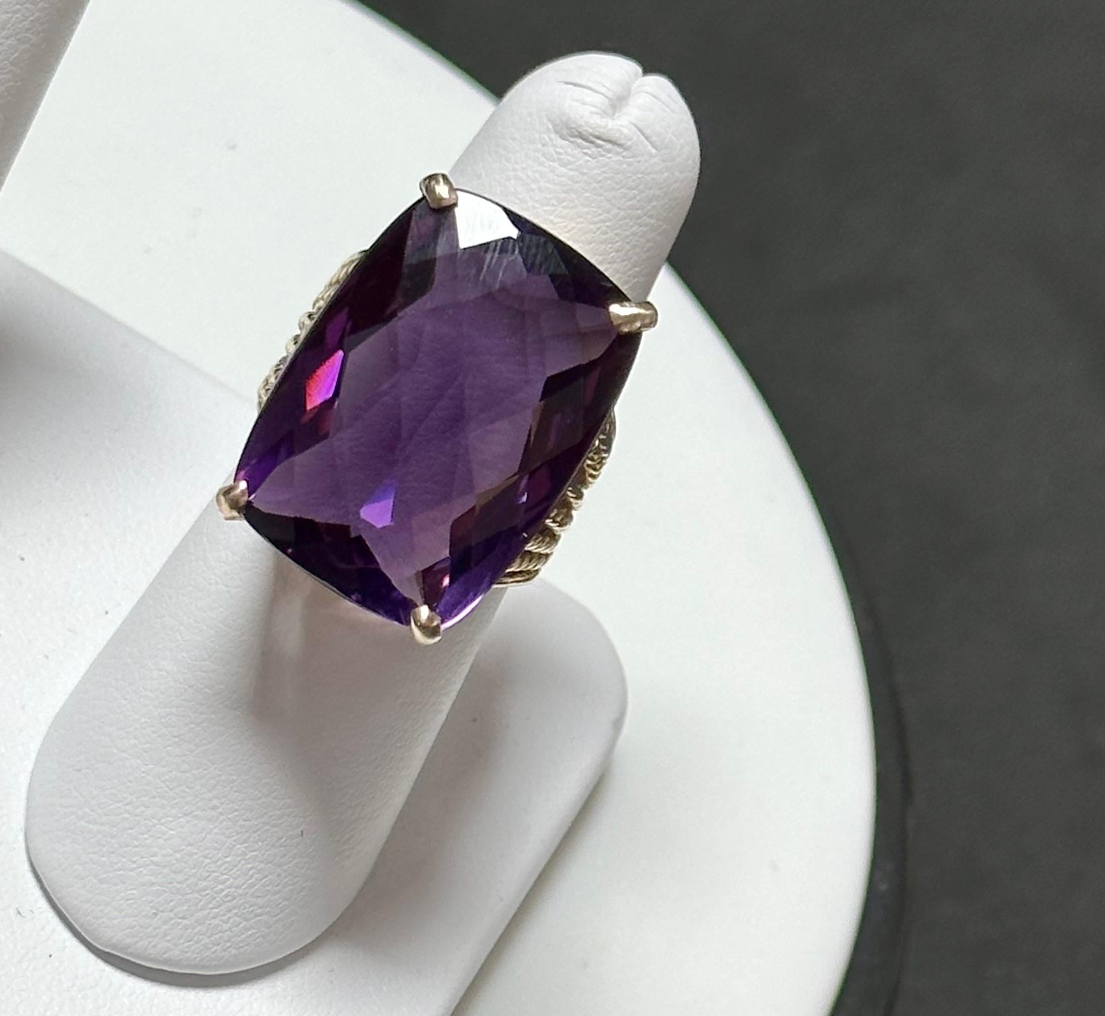 Huge 40Ct Checker Board Cushion Cut Natural Amethyst Cocktail Ring 14KYG, 15.8gm For Sale 4