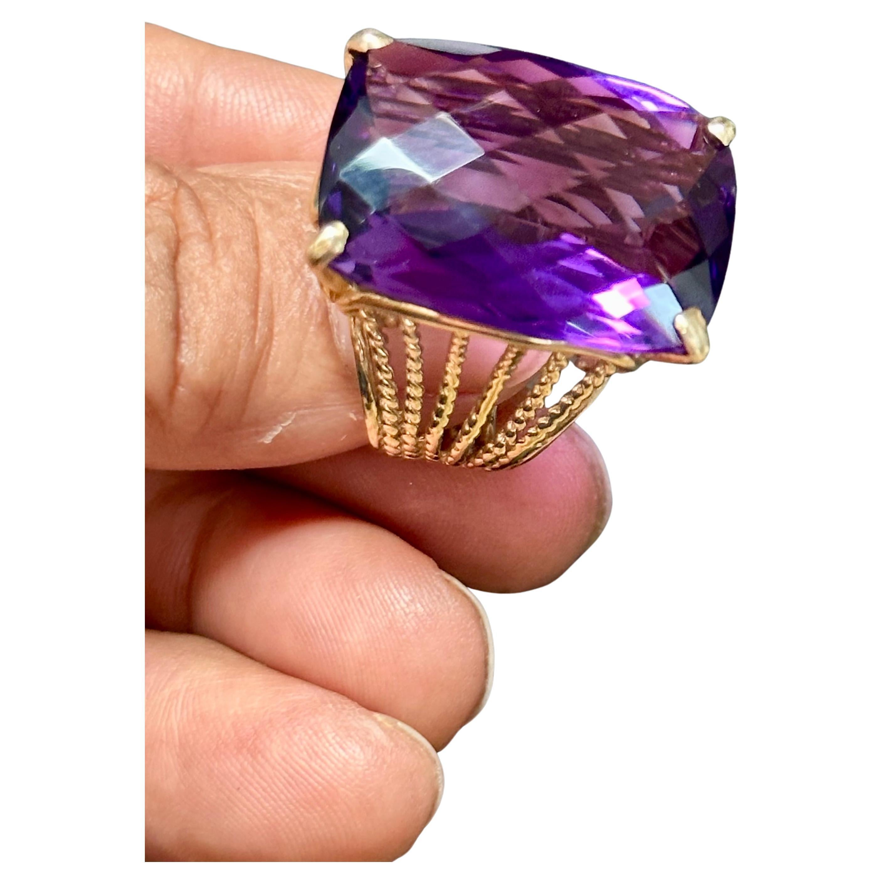 Huge 40Ct Checker Board Cushion Cut Natural Amethyst Cocktail Ring 14KYG, 15.8gm For Sale