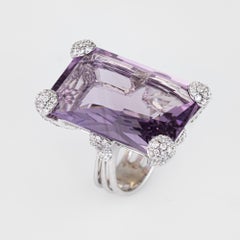 Huge 42ct Amethyst Diamond Cocktail Ring 18k White Gold Estate Fine Jewelry