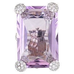 Huge 42ct Amethyst Diamond Cocktail Ring 18k White Gold Estate Fine Jewelry