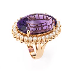 Huge 45ct Amethyst Pearl Ring Vintage 14k Yellow Gold Large Oval Cocktail 7.75
