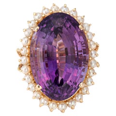 Huge 45ct Amethyst Pearl Ring Vintage 14k Yellow Gold Large Oval Cocktail 7.75