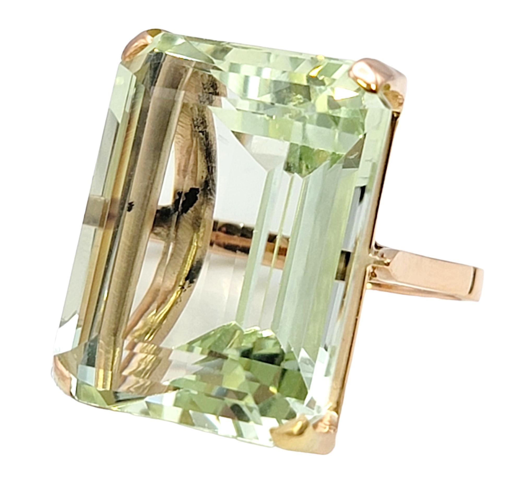 Contemporary Huge 46.21 Carat Emerald Cut Unheated Aquamarine Ring in 14 Karat Rose Gold For Sale